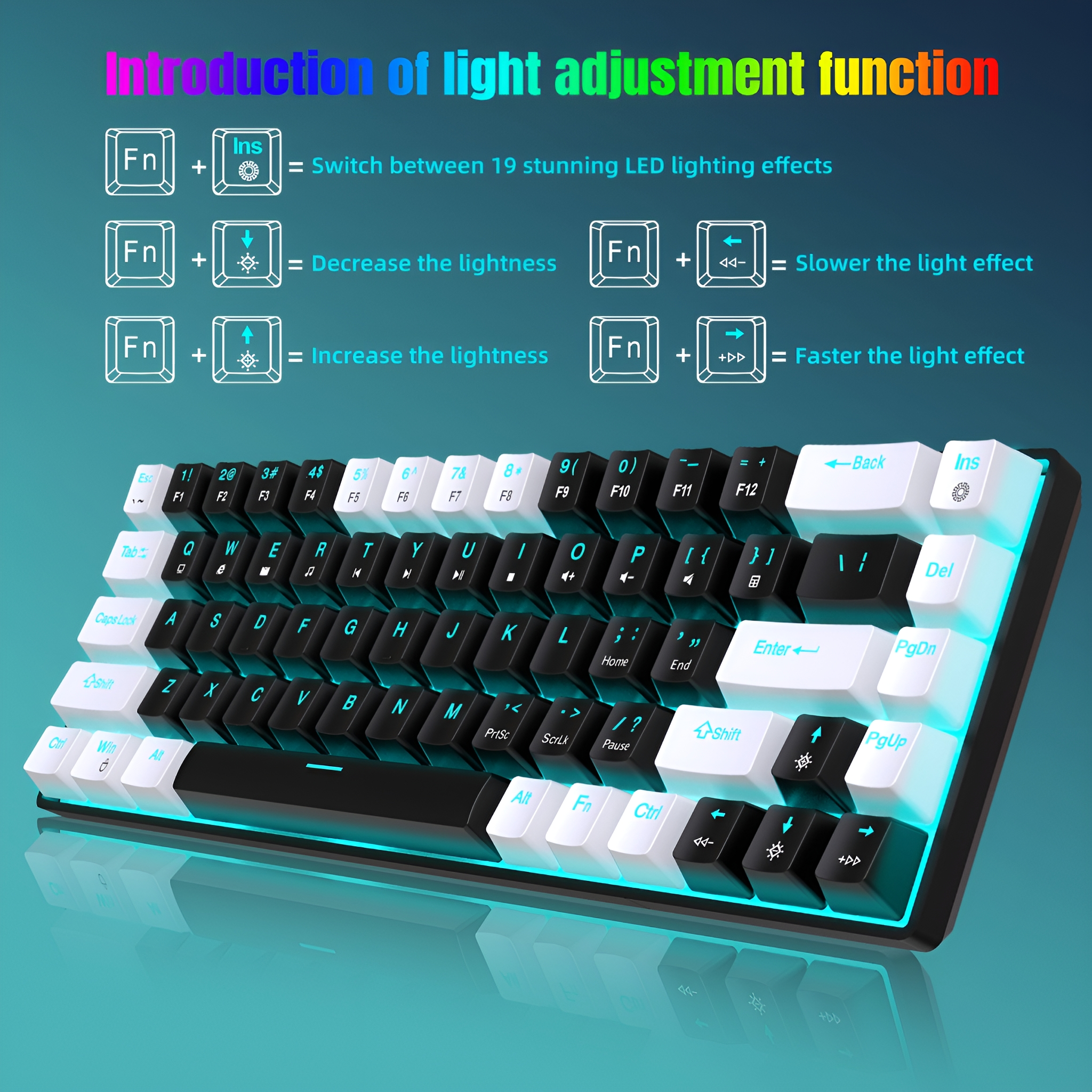 Schwarz-weiße Tastatur mit blauer Beleuchtung. Anweisungen zur Lichteinstellung: Helligkeit und Geschwindigkeit.
