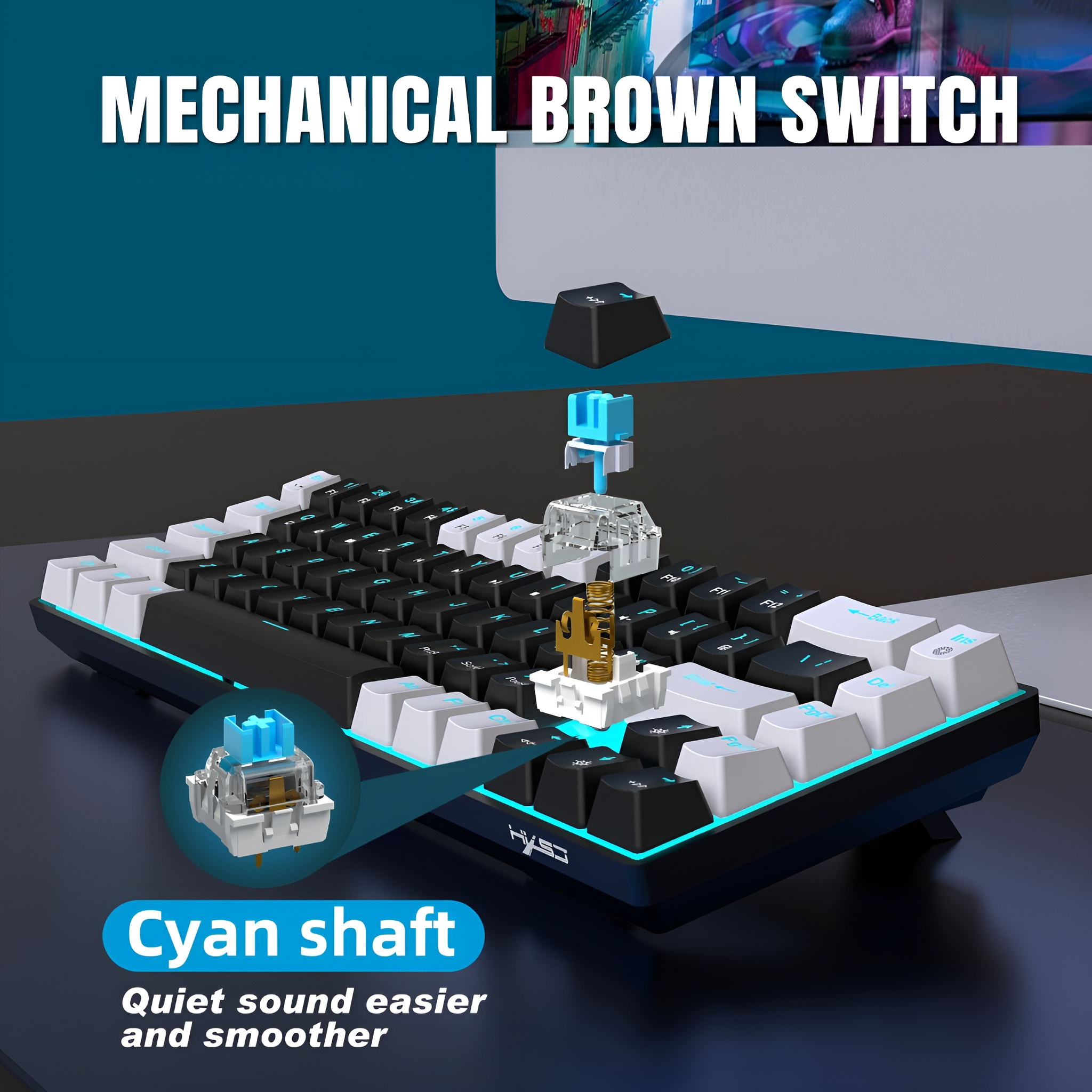 Mechanische Tastatur mit cyanfarbenen Schaltern und Tastenkappen. Komponenten sichtbar.