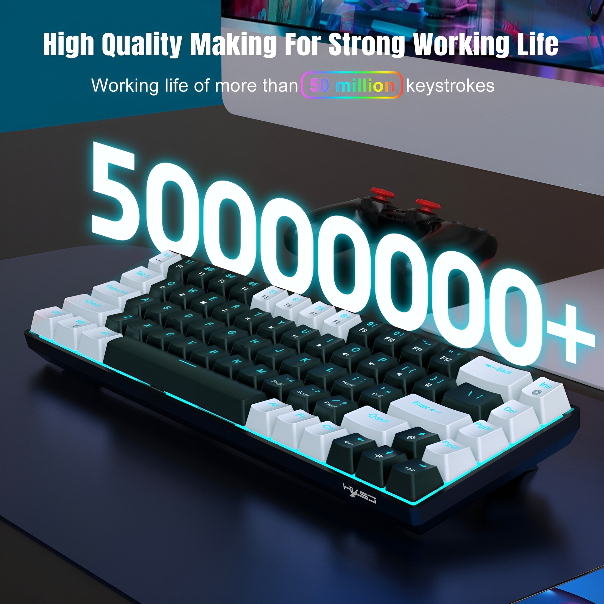 Schwarze und blaue Tastatur mit weißen Tasten. Text: '50000000+'. Hintergrund: Computerbildschirm.