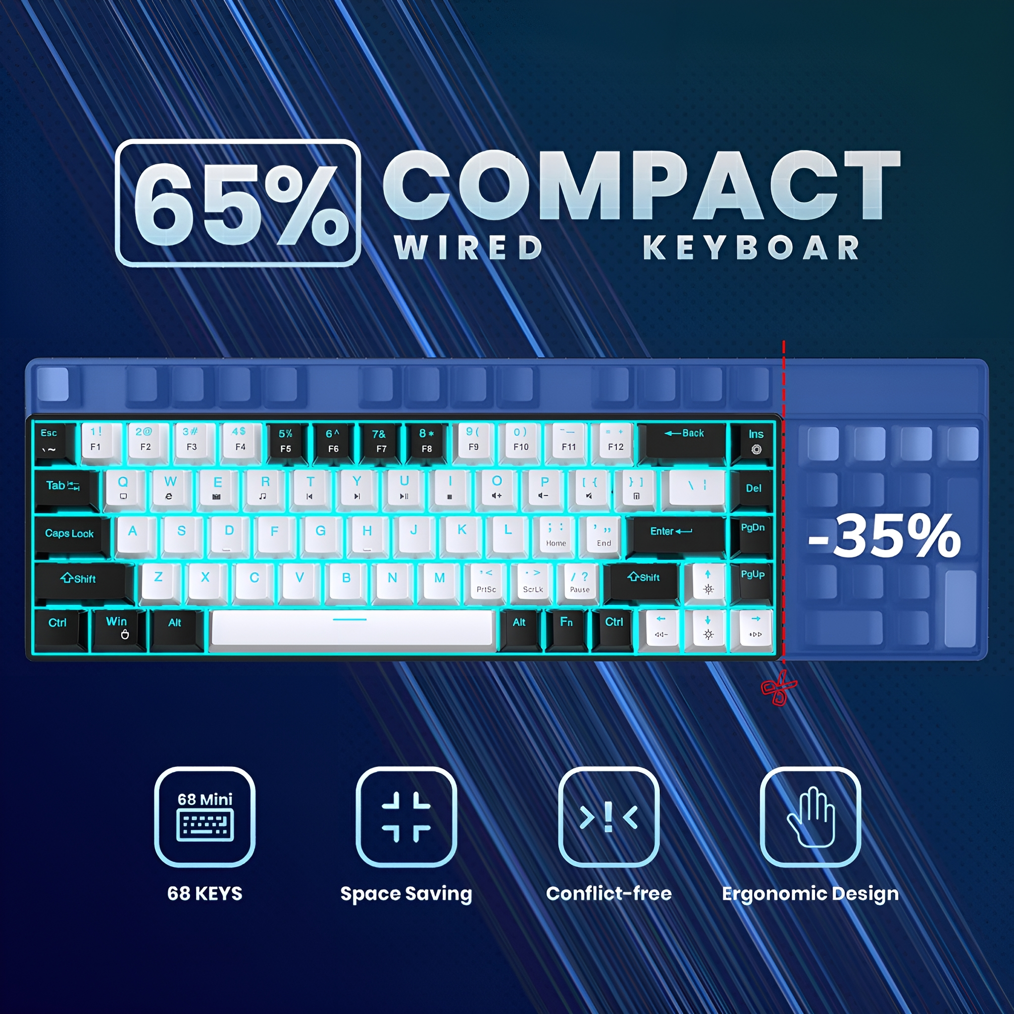 Eine blaue, kompakte, kabelgebundene Tastatur mit weißen Tasten und Text: 65% Kompakttastatur.