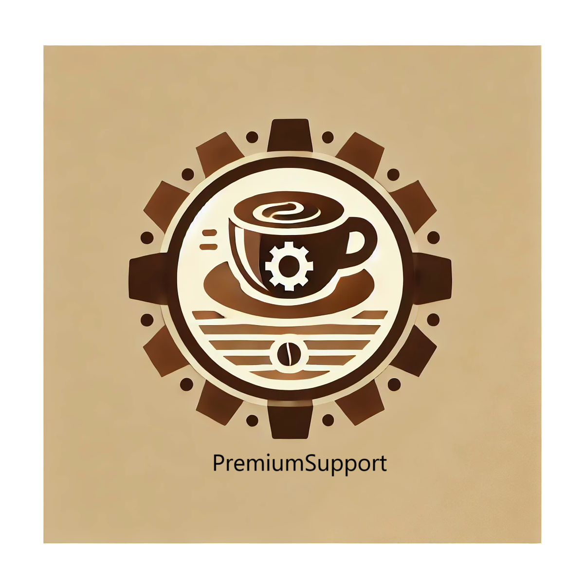 Logo mit einer Kaffeetasse in einem Zahnrad, braune und weiße Farben. Text: PremiumSupport.