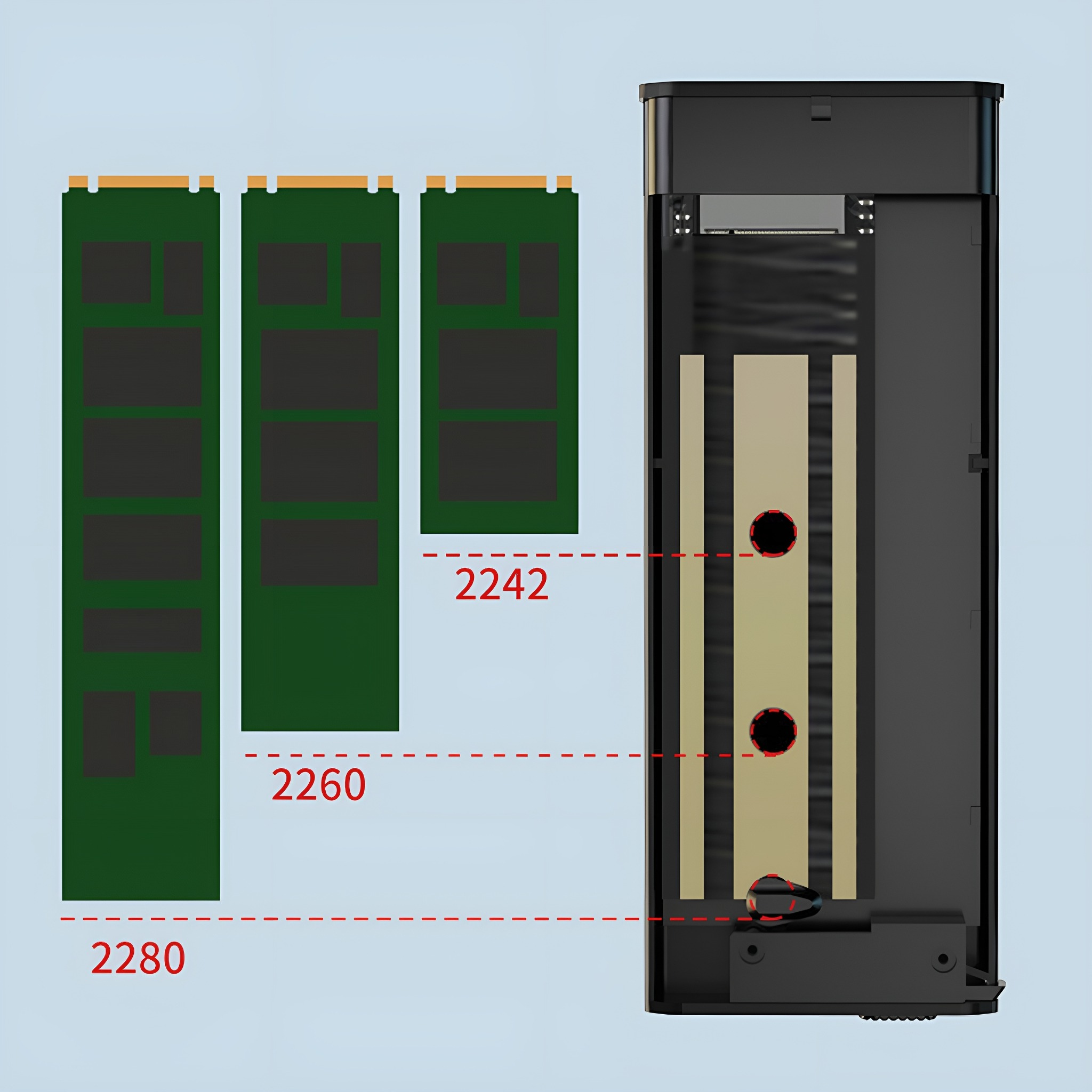 Eine Illustration von Computerkomponenten, einschließlich grüner Leiterplatten und einem schwarzen Gehäuse.