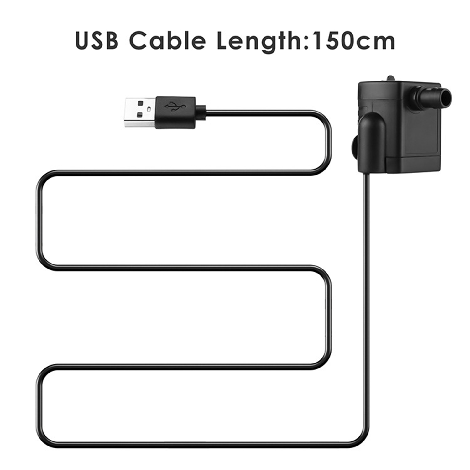 Schwarzes USB-Kabel, verbunden mit einem schwarzen Gerät. Text: USB-Kabellänge: 150 cm. Weißer Hintergrund.