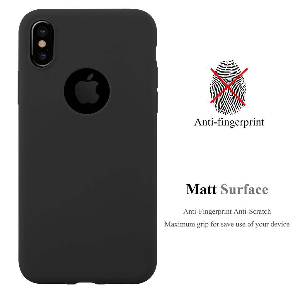 Schwarze Handyhülle mit Apple-Logo und Text, der besagt 'anti-fingerprint' und 'matt surface'.