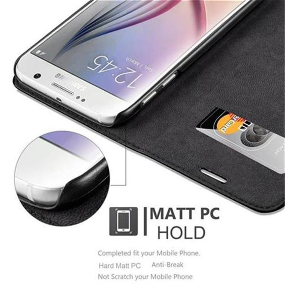 Telefono in una custodia nera con fessura per carta di credito, lo schermo del telefono è visibile. Testo in inglese.