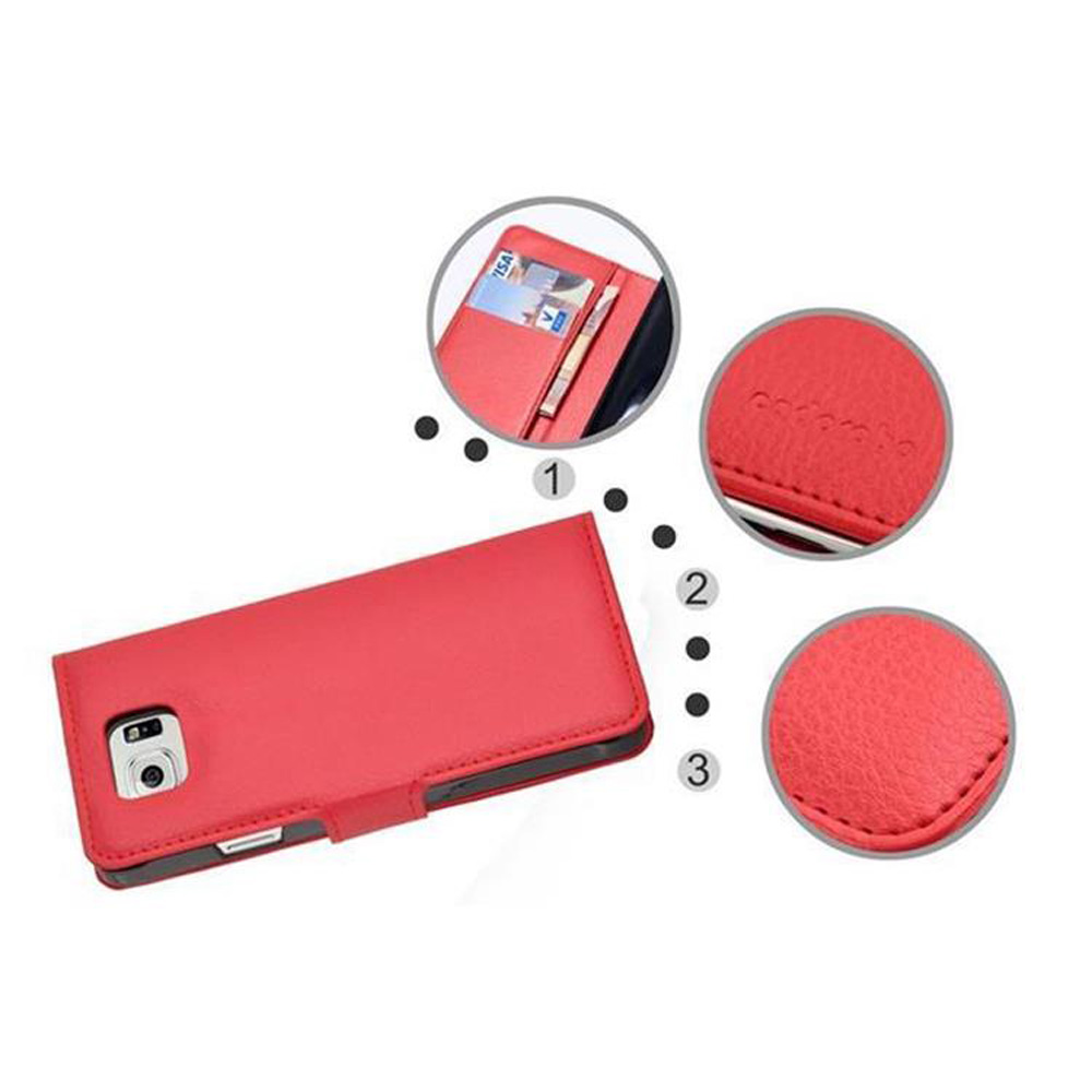 Custodia per telefono rossa con porta carte e dettagli della carta. Dettagli 1, 2 e 3 evidenziati.
