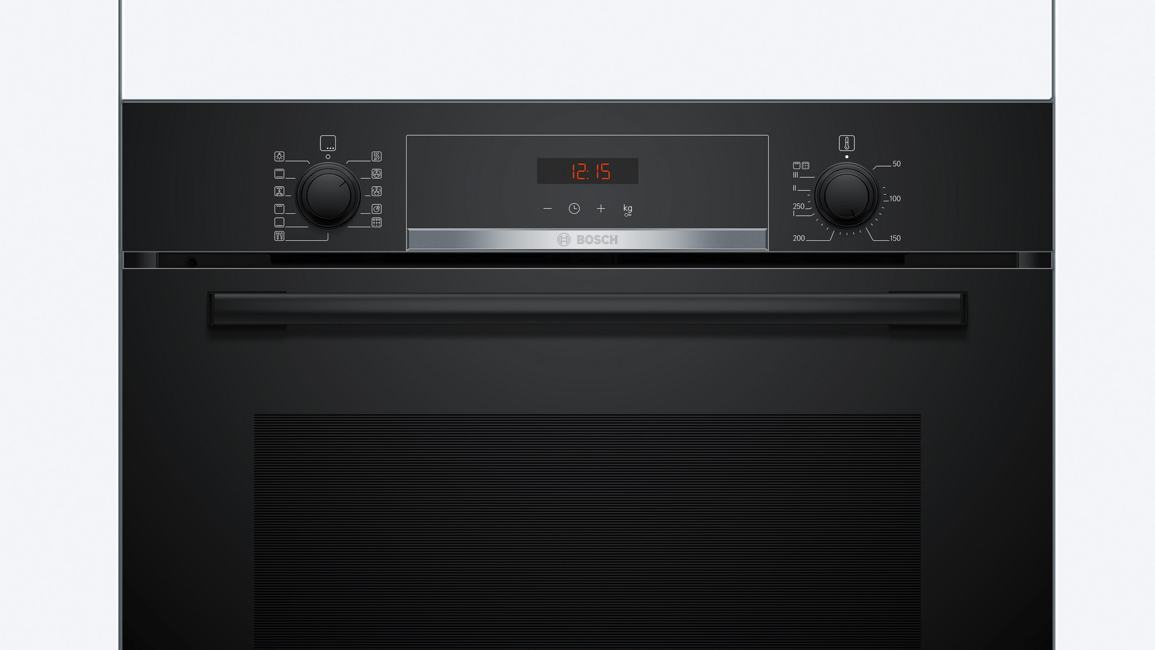 Un horno negro empotrado con una pantalla digital y dos perillas de control.