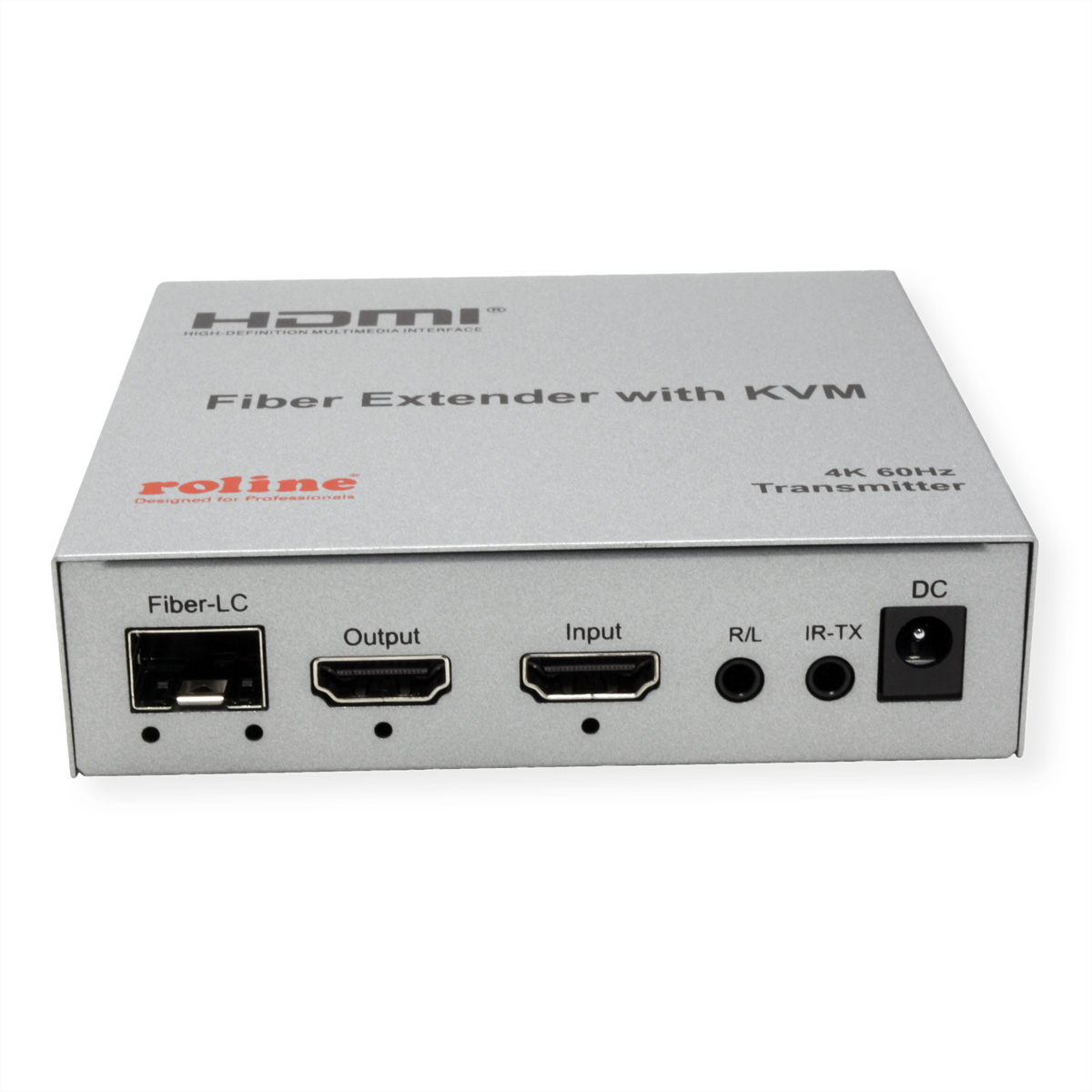 Silberner HDMI-Glasfaser-Extender mit Anschlüssen: Fiber-LC, Output, Input, R/L, IR-TX und DC.
