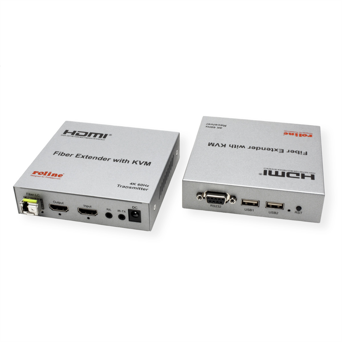 Zwei silberne HDMI-Glasfaser-Extender mit Etiketten und Anschlüssen, weißer Hintergrund.