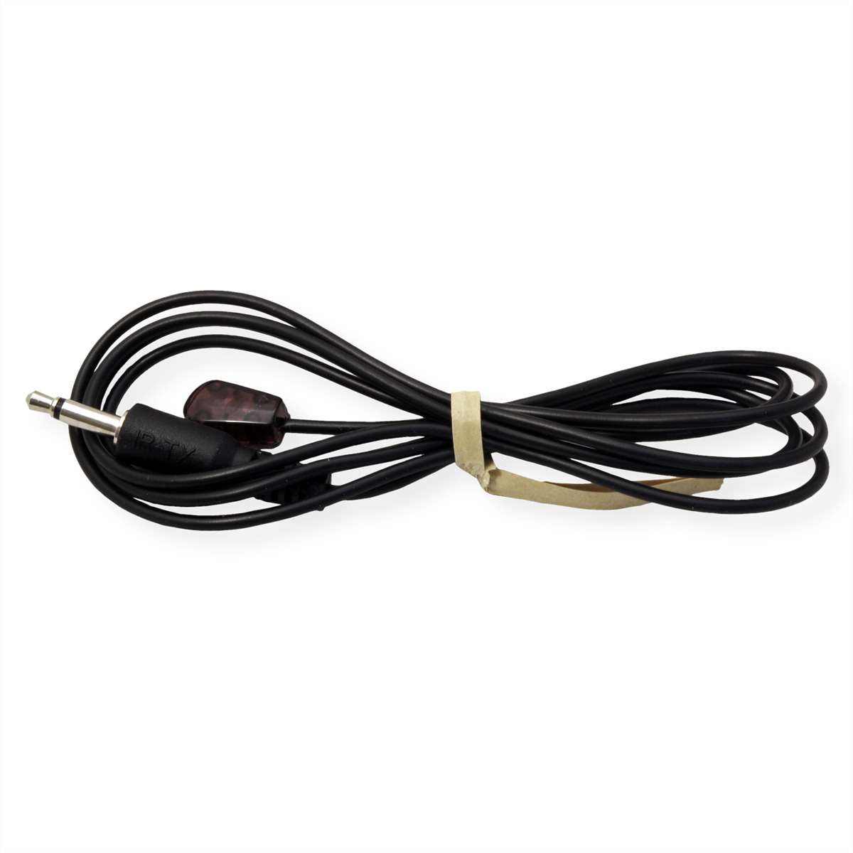 Schwarzes Audiokabel mit 3,5-mm-Klinke und IR-Empfänger. Es ist aufgewickelt und durch ein Band gehalten.