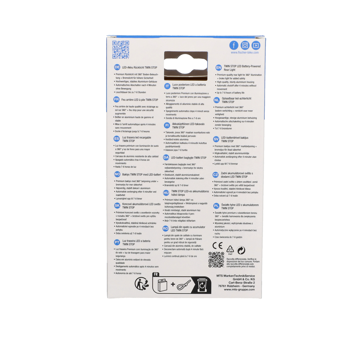 Ein weißes Produktdatenblatt mit Text in mehreren Sprachen. Das Blatt hat einen QR-Code und ein Logo.