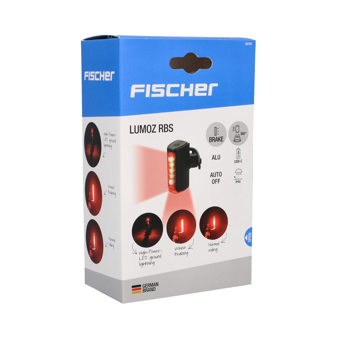 Eine Box für ein Fahrradlicht. Das Licht ist schwarz und hat ein rotes Licht. Die Box ist weiß und blau.