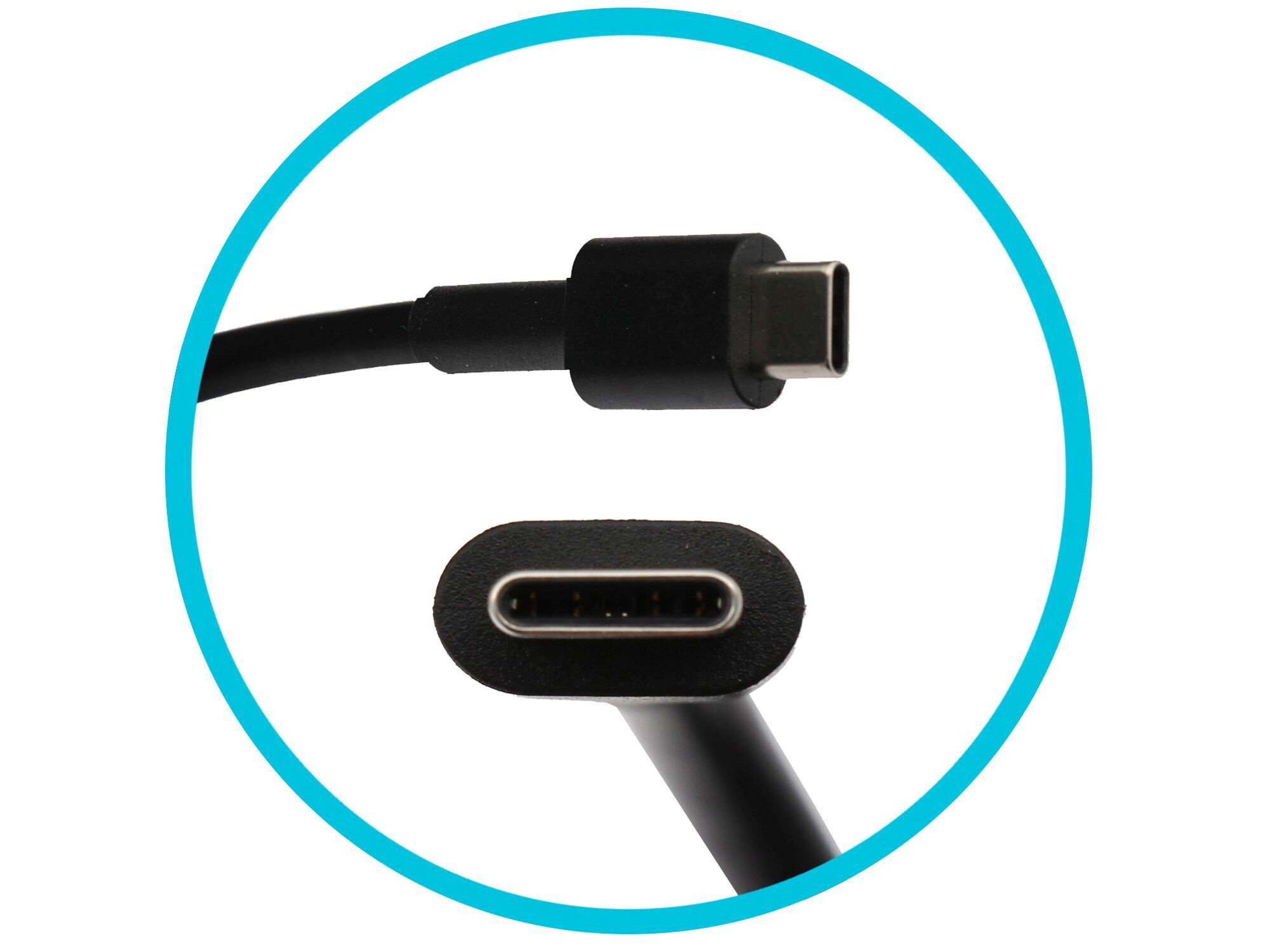 Nahaufnahme von schwarzen USB-C-Kabeln mit einem blauen Kreis, der den Stecker hervorhebt.