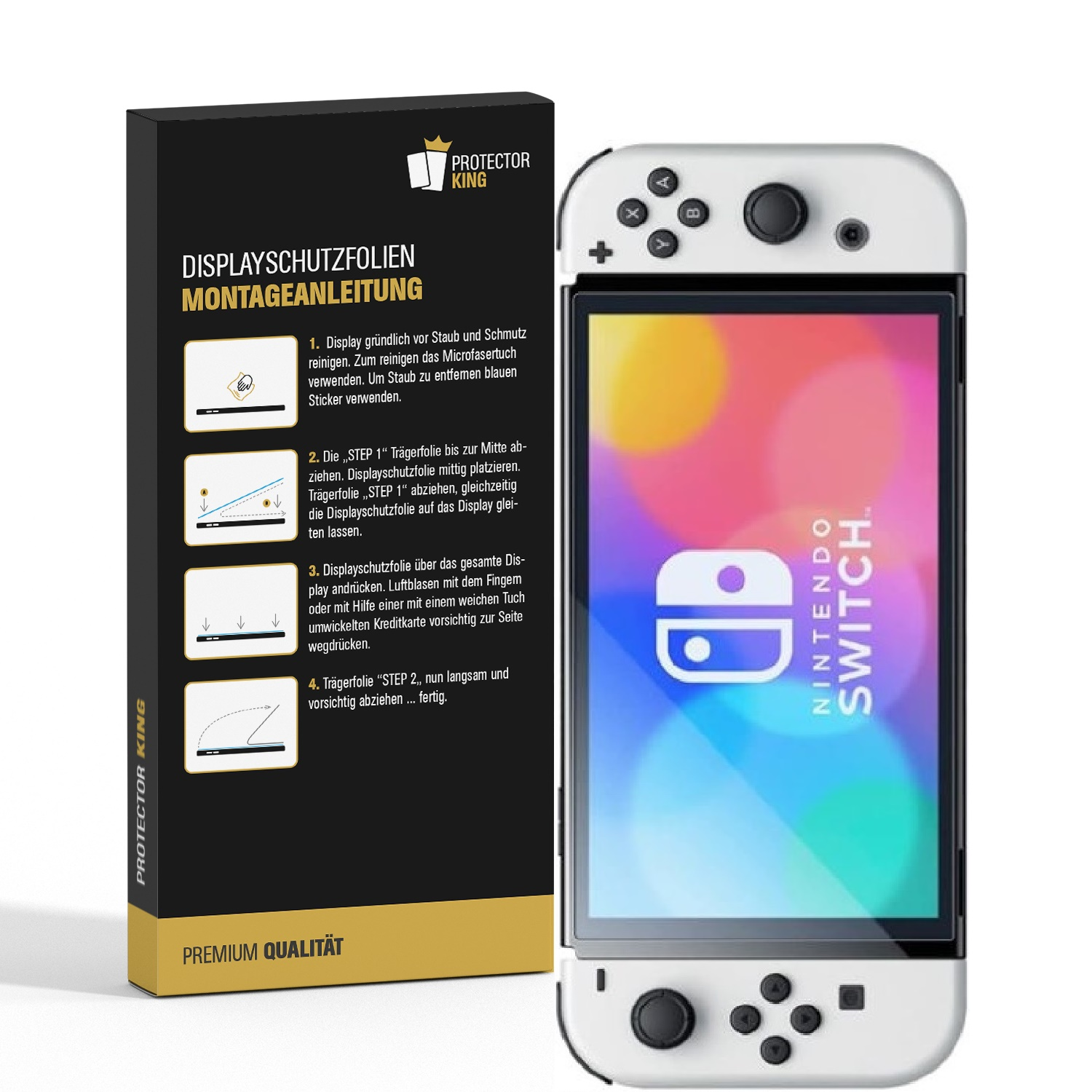 Nintendo Switch mit Displayschutzfolie und Installationsanleitung auf weißer Oberfläche.