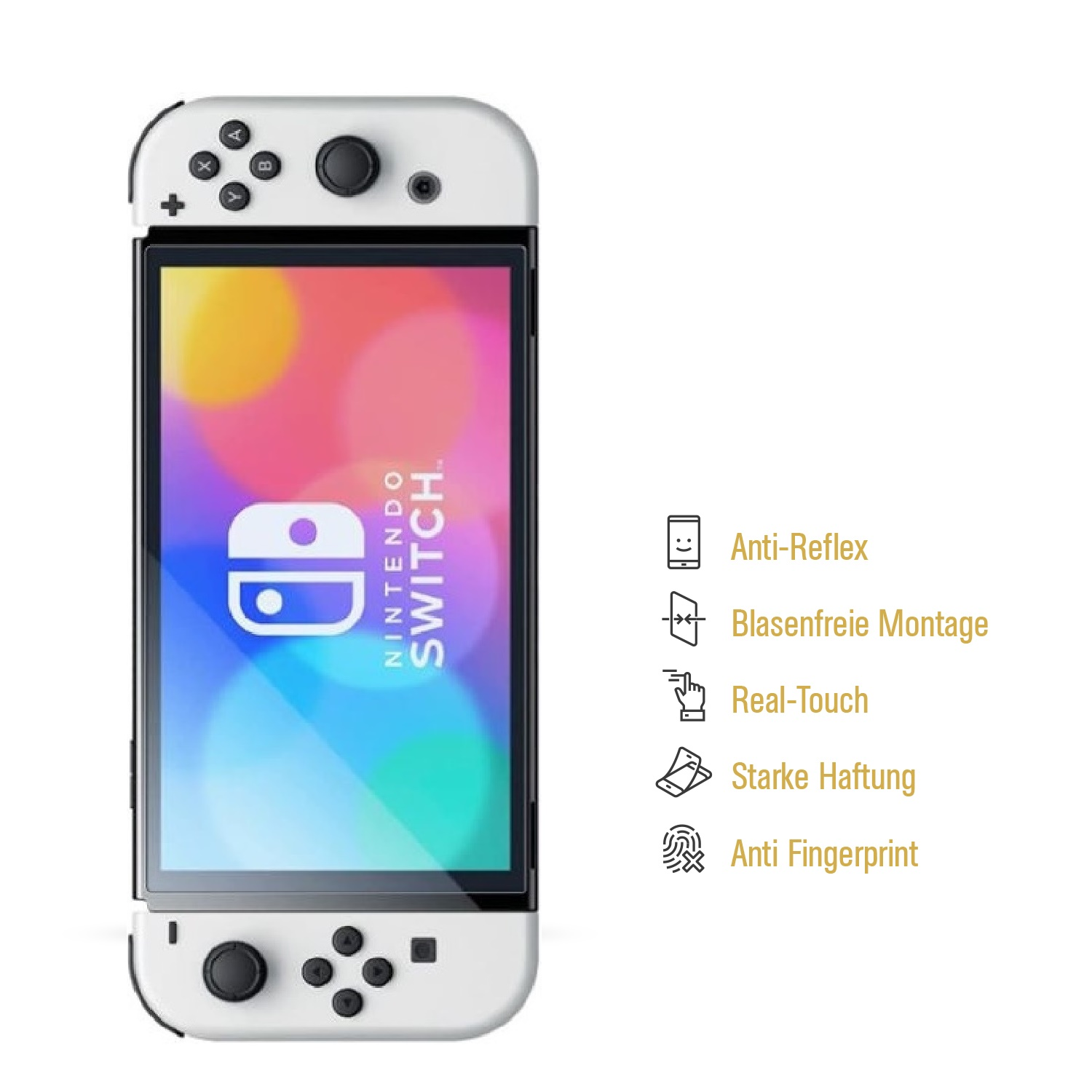 Weiße Nintendo Switch Konsole mit Bildschirm, der eine farbenfrohe Grafik und Funktionssymbole zeigt.