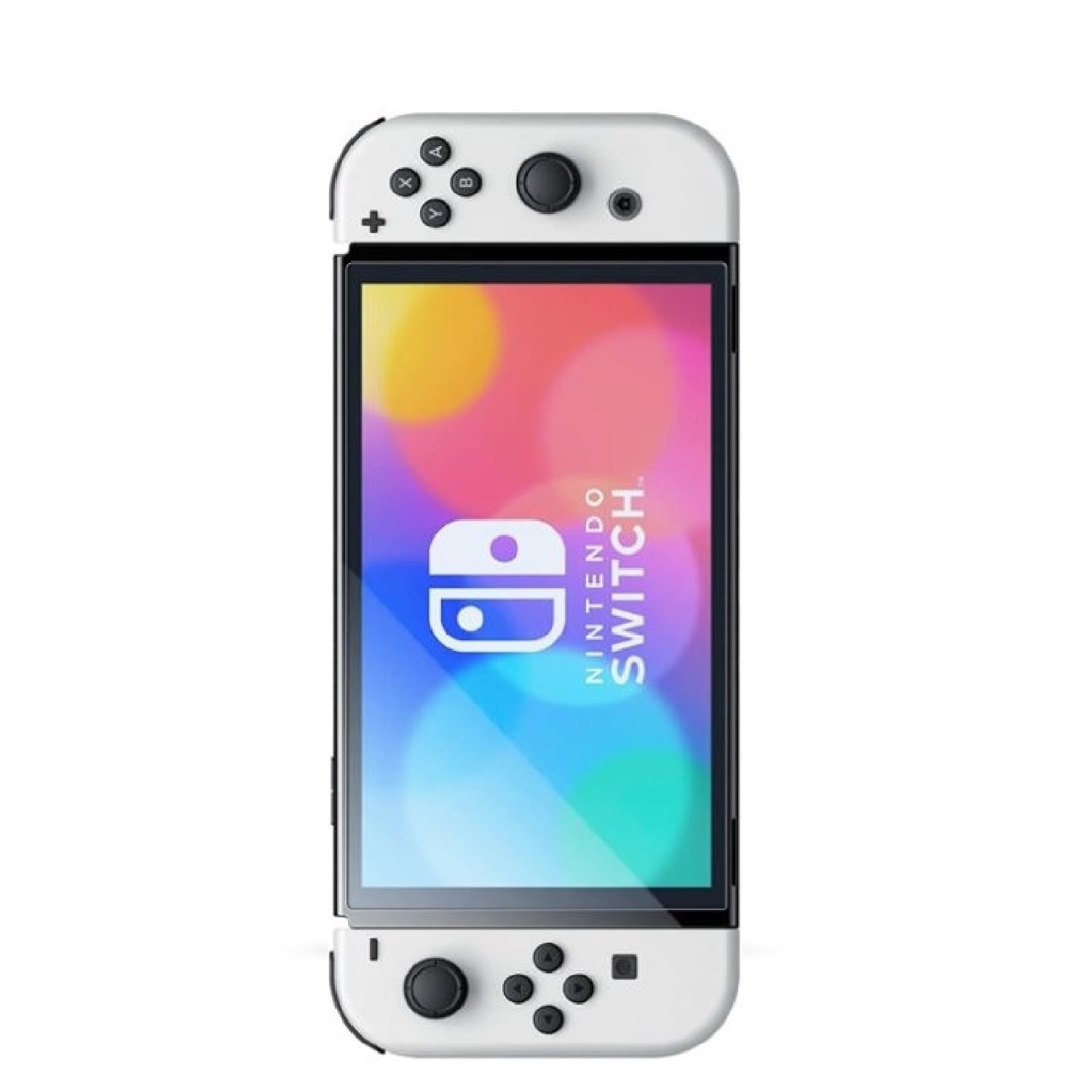 Eine weiße Nintendo Switch Konsole mit angeschlossenen Controllern, vor weißem Hintergrund.