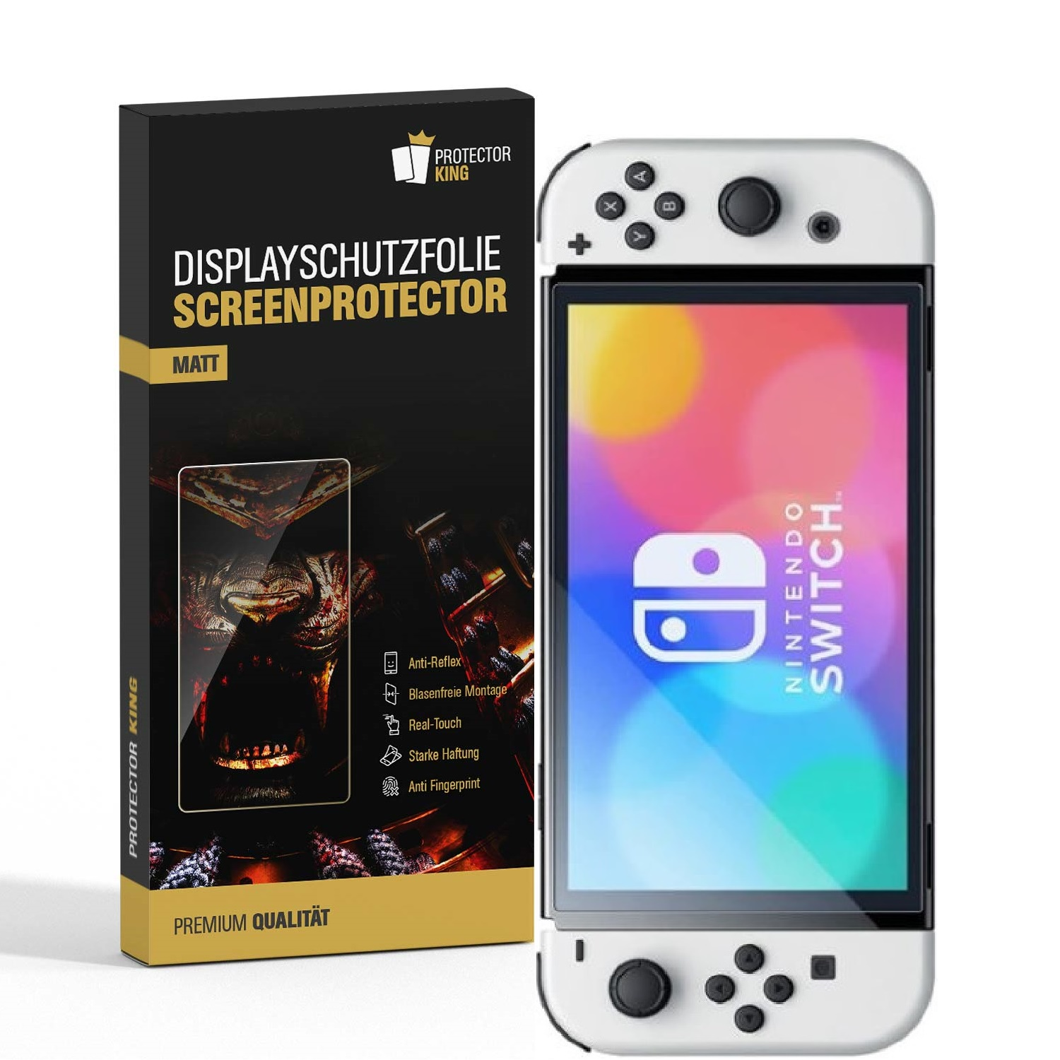 Nintendo Switch Konsole mit Displayschutzfolie und Verpackung. Die Konsole ist weiß. Die Verpackung ist schwarz.