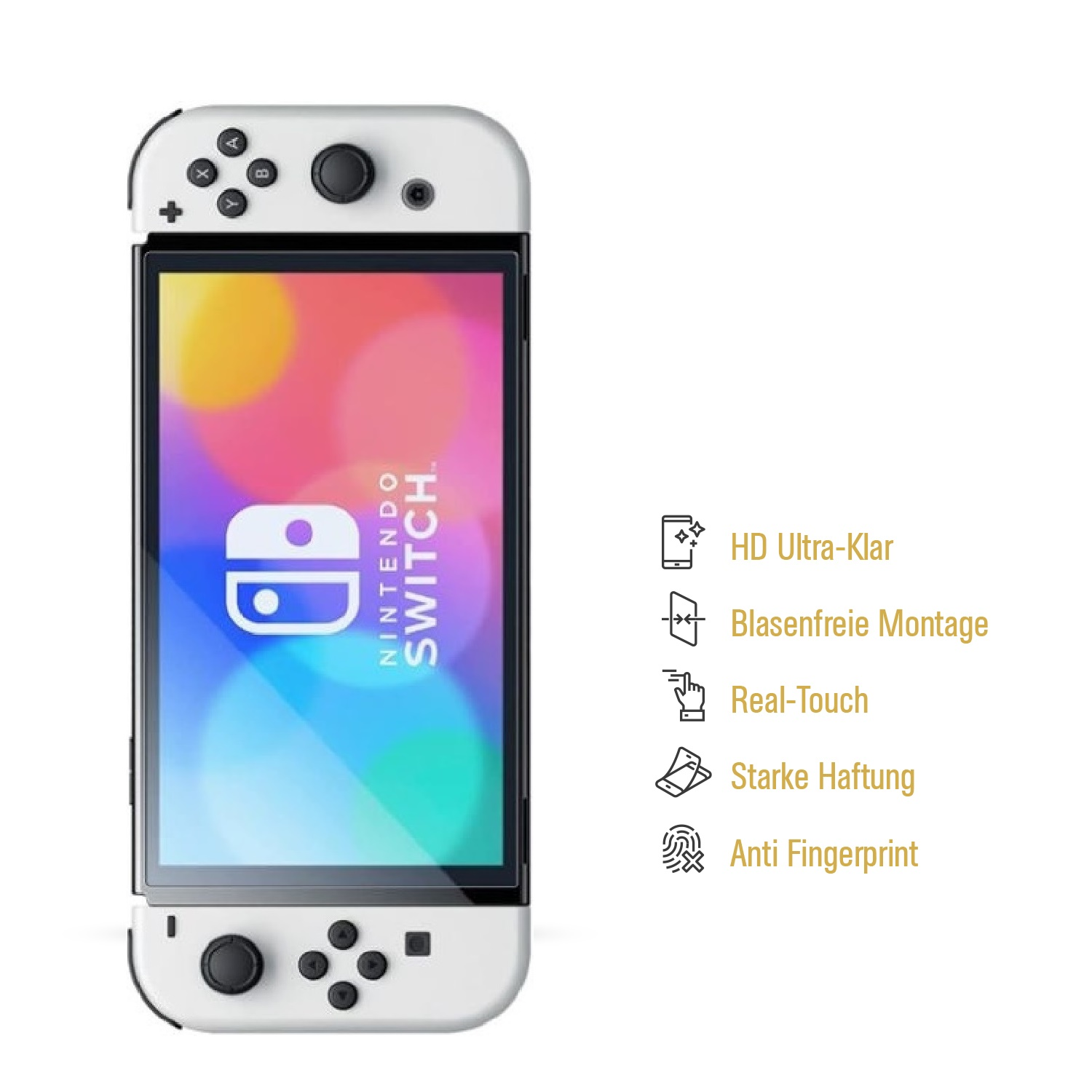 Weiße Nintendo Switch Konsole mit farbenfrohem Bildschirm. Eigenschaften: HD, blasenfrei, Anti-Fingerabdruck.