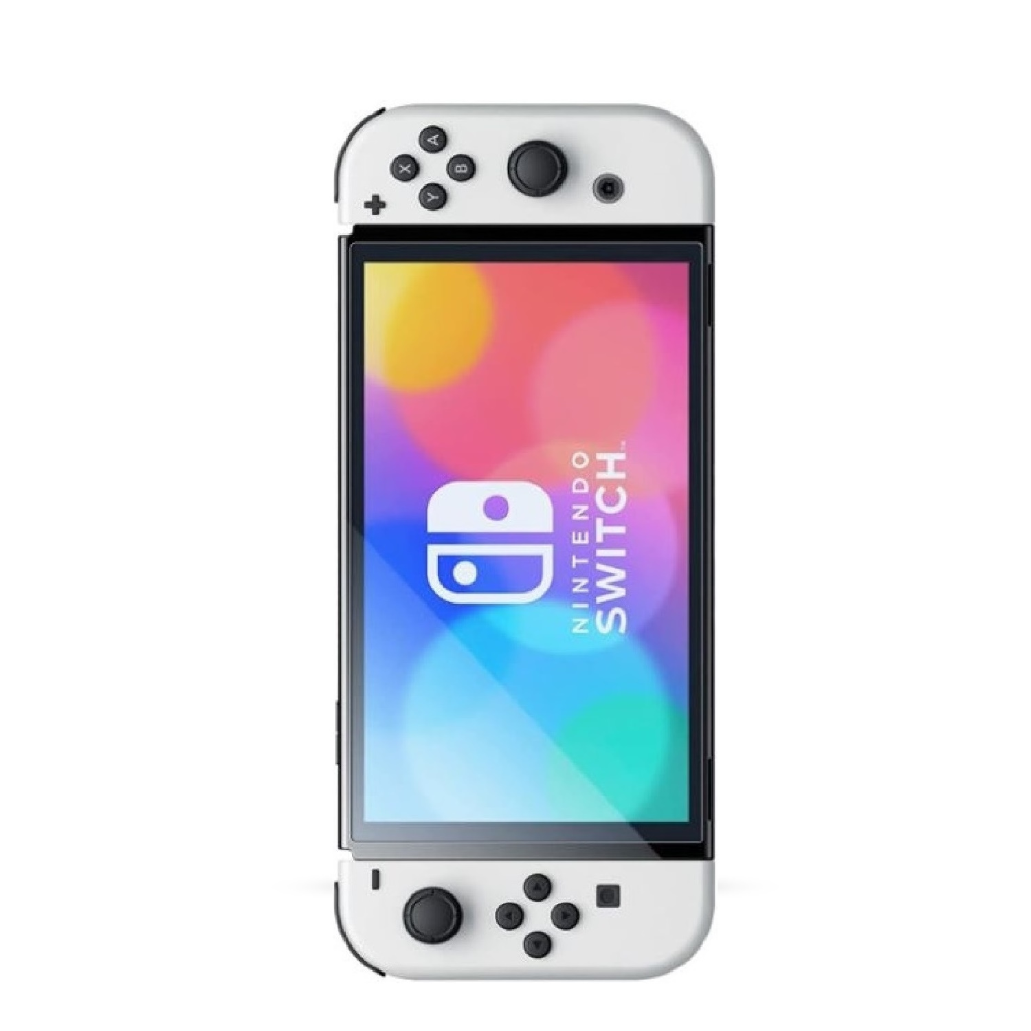 Weiße Nintendo Switch-Konsole. Sie hat einen Bildschirm und zwei weiße Controller.