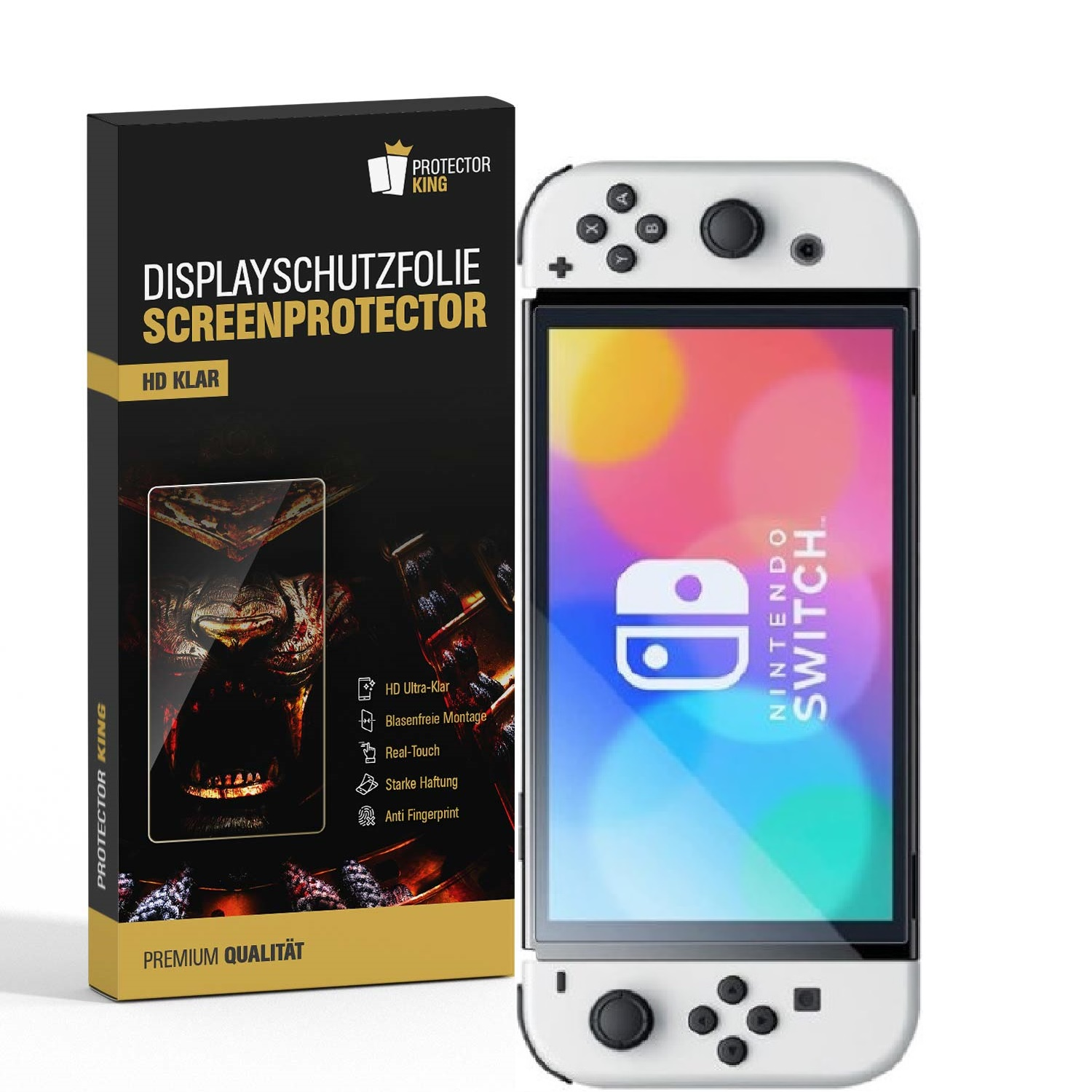 Weiße Nintendo Switch mit Displayschutzfolie und Box. Spielkonsole und Zubehör.