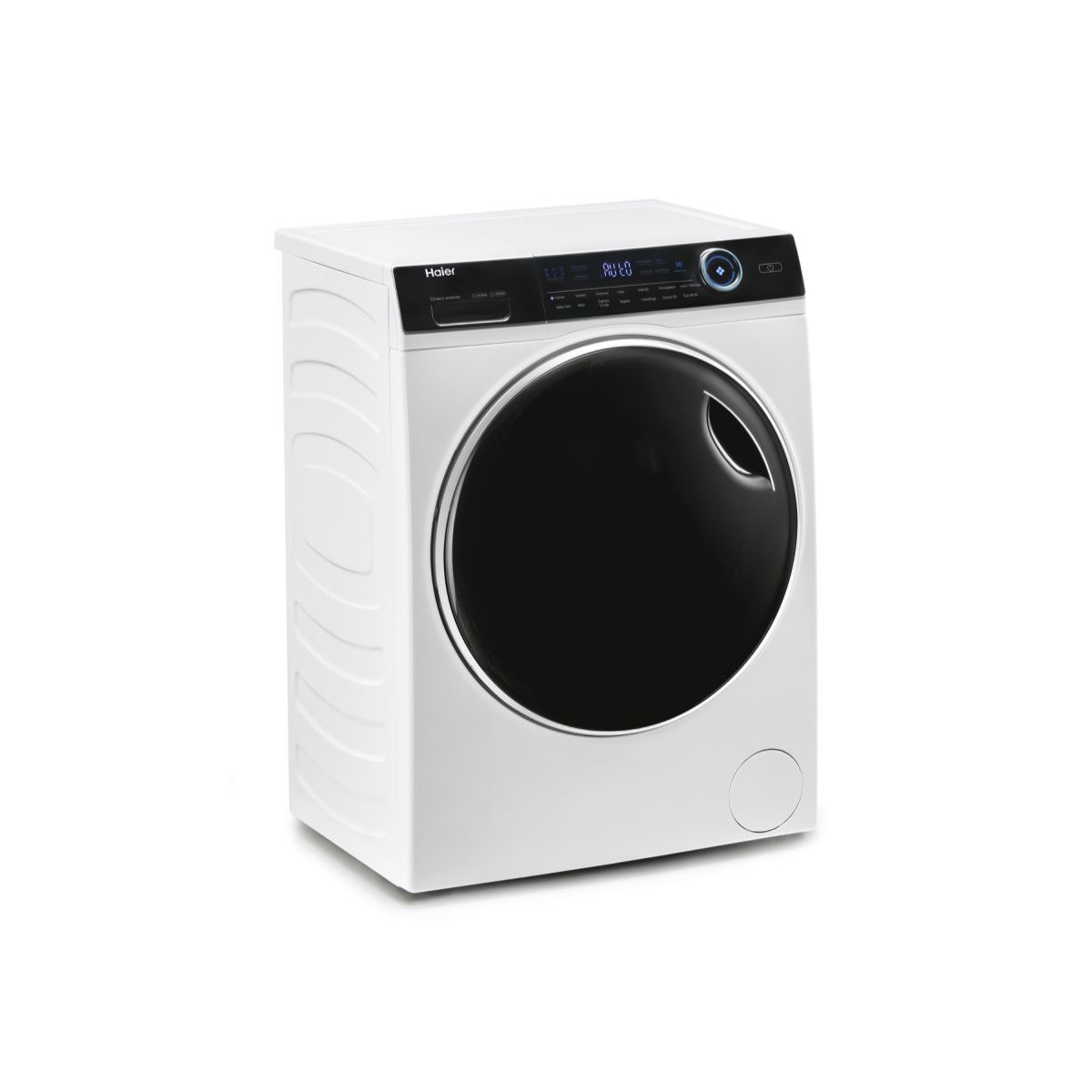 Lavatrice Haier bianca, vista frontale, con porta nera, su sfondo bianco.