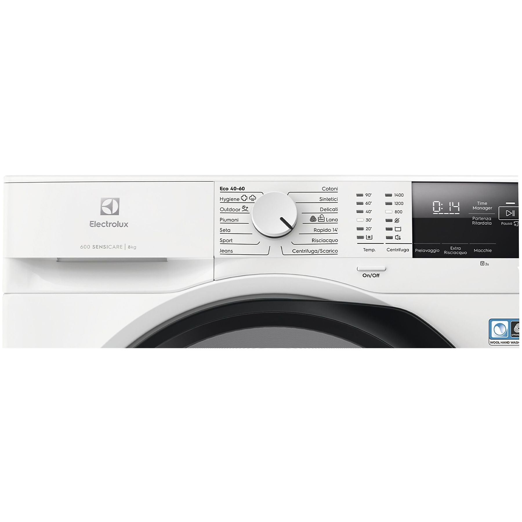 Primo piano del pannello di controllo di una lavatrice Electrolux, bianco con varie impostazioni.