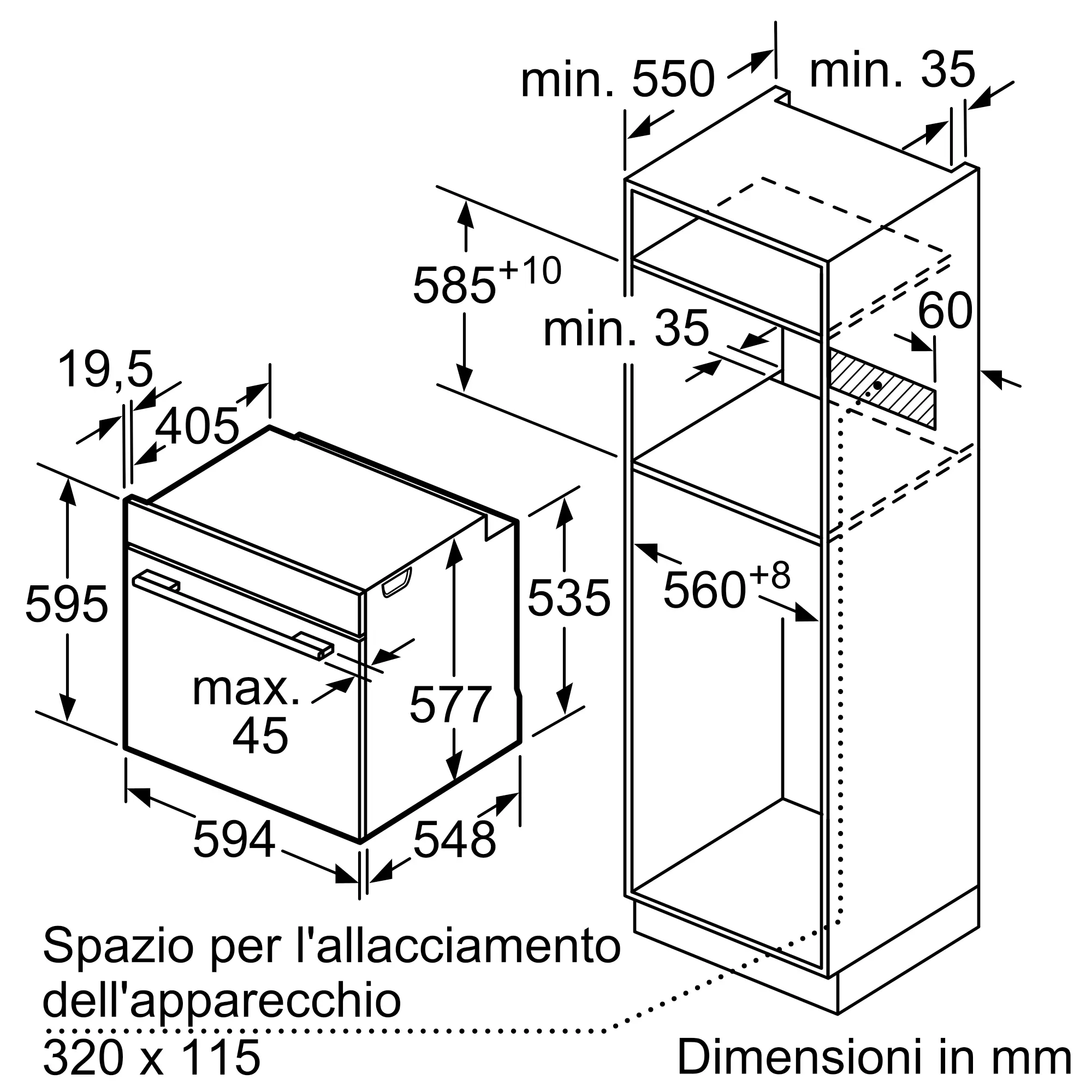 Technical drawing of a built-in oven and adjacent cabinet with dimensions in millimeters.