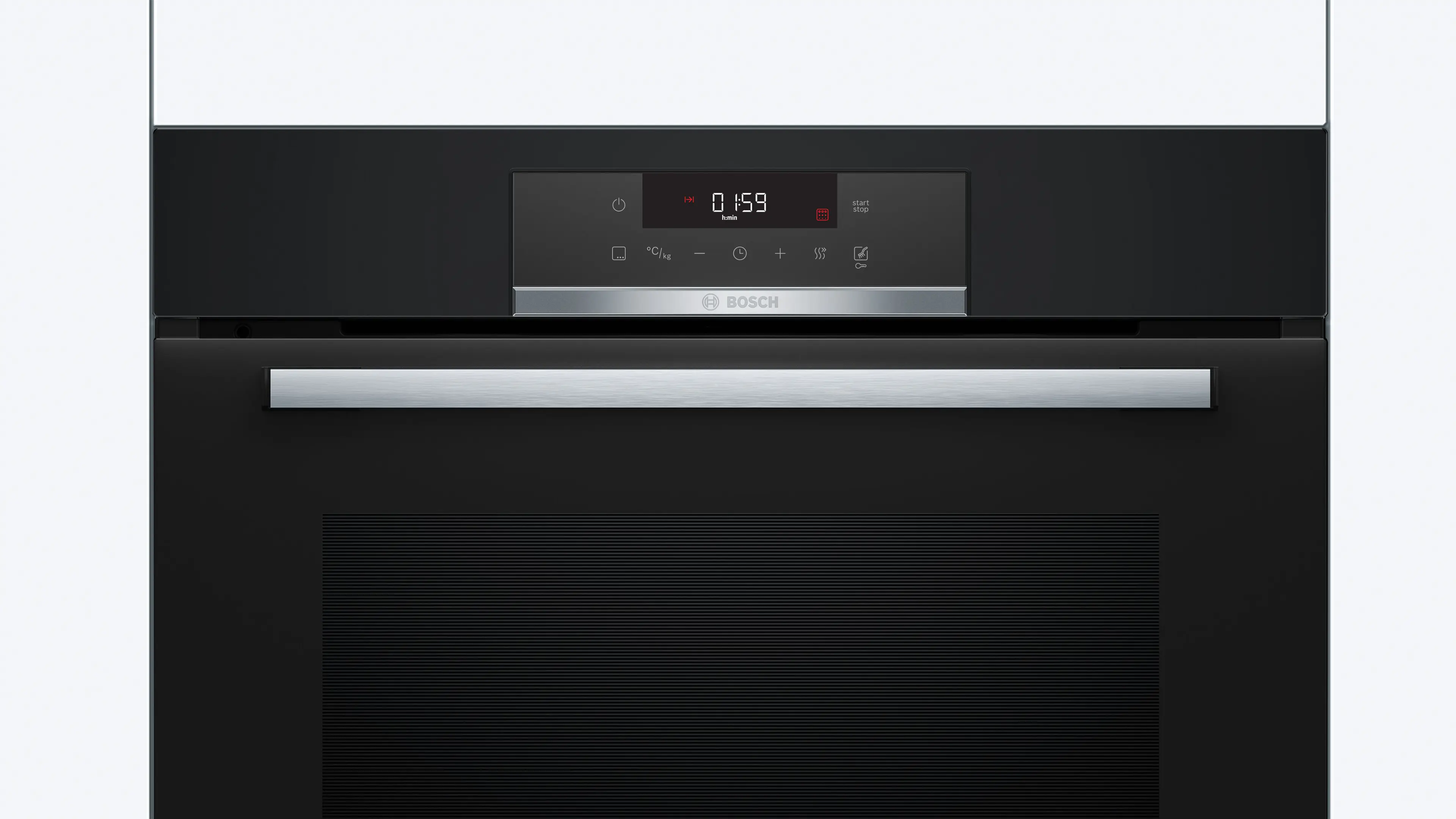 Forno nero con display. Il forno mostra le impostazioni con l'ora. La porta è chiusa.