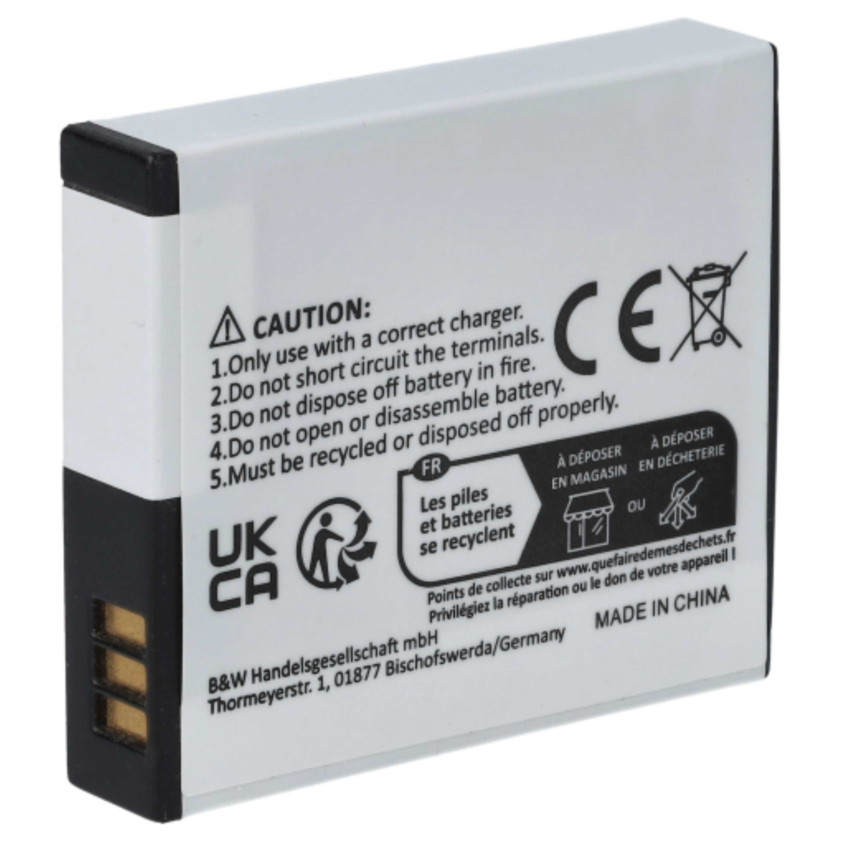 Ein weiß-schwarzes Akku-Pack mit Text und Symbolen, einschließlich Recycling-Informationen und Warnungen.