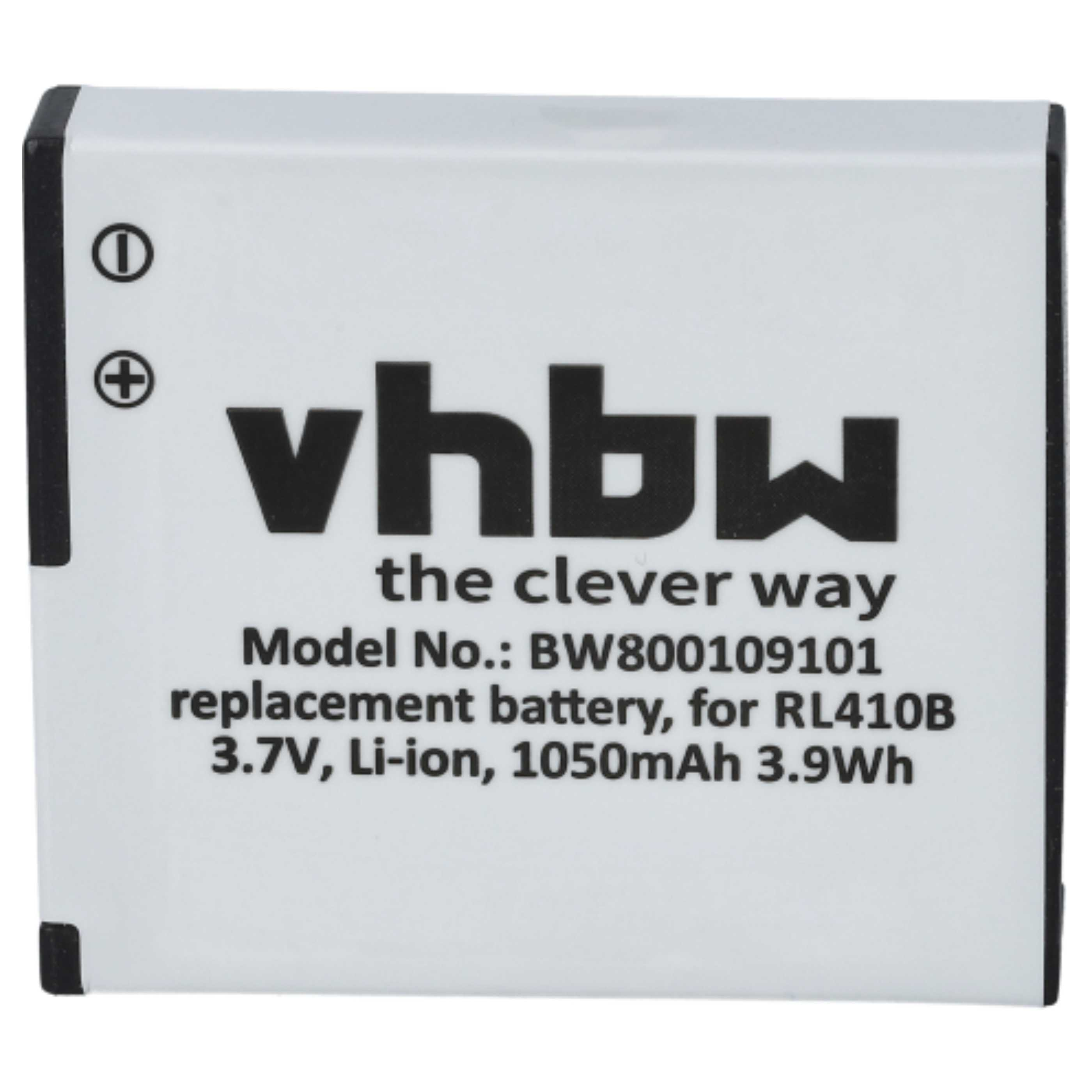 Eine weiße Batterie mit der Aufschrift 'vhbw' und den Spezifikationen: 3,7 V, Li-Ion, 1050 mAh.