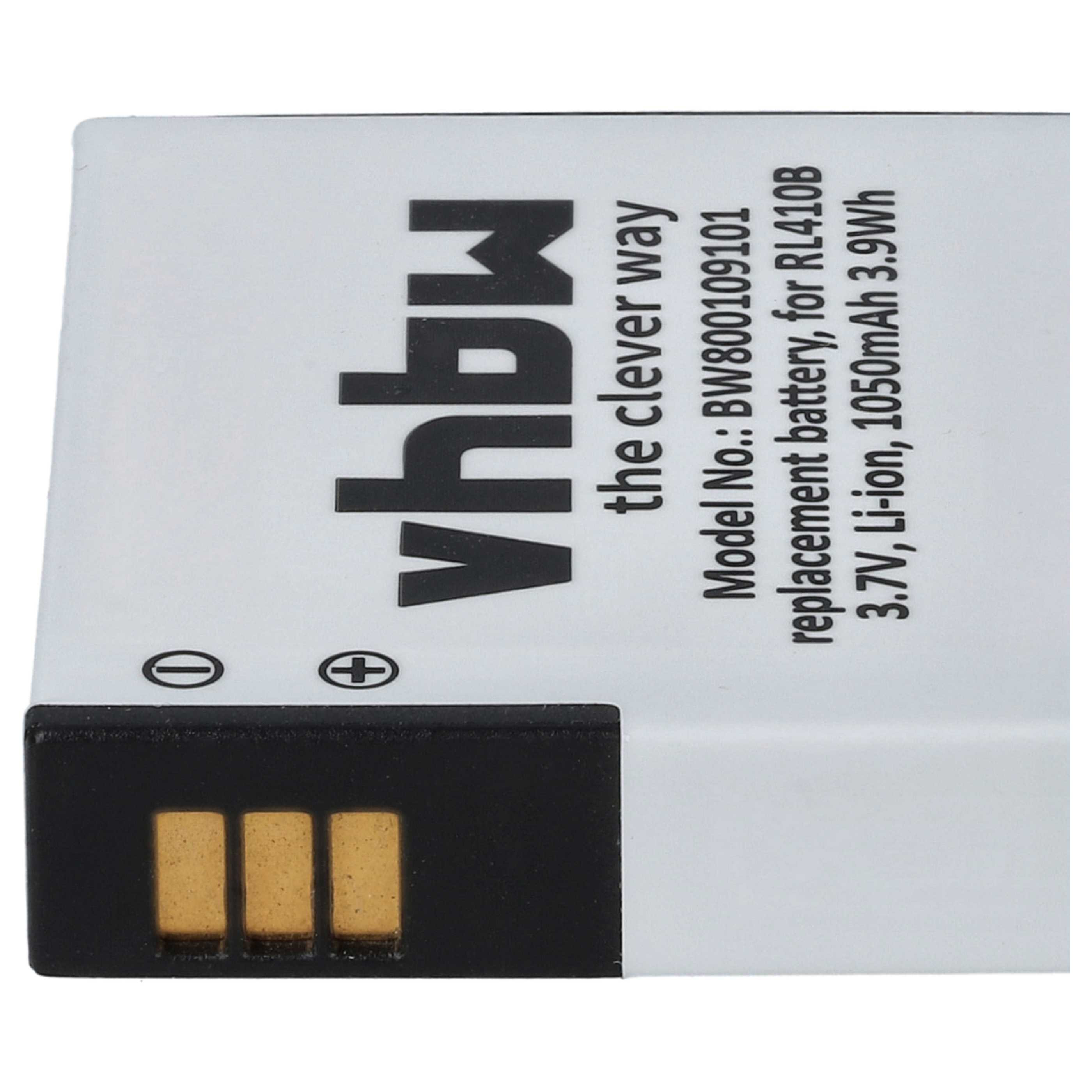 Eine weiße Batterie mit schwarzen Details, die Text über Modell und Spezifikationen vor Weiß zeigt.