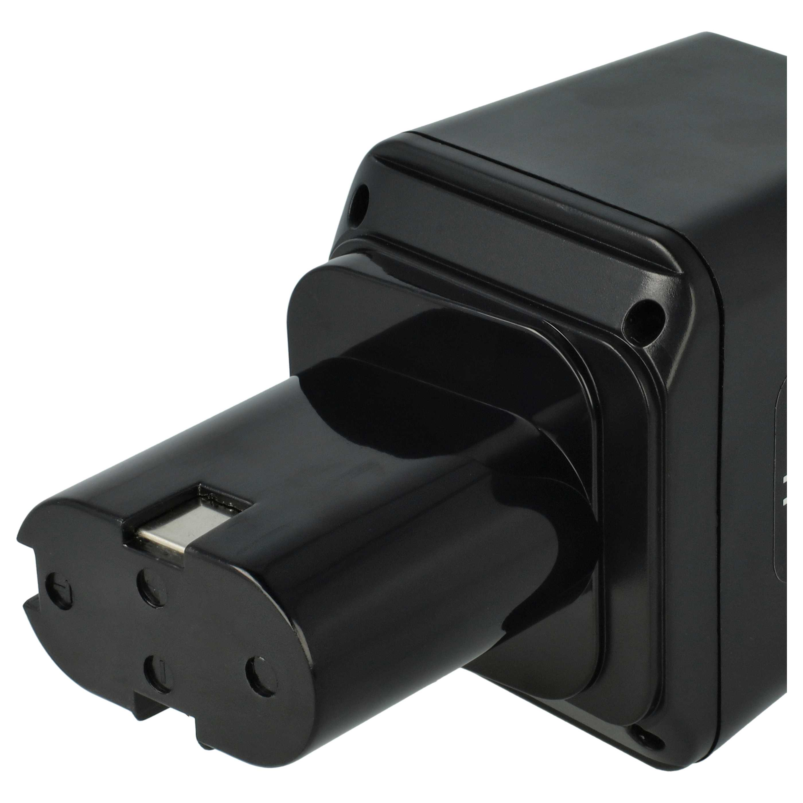Schwarzer, quadratischer Akku. Er hat einen dreipoligen Stecker. Der Akku ist für ein Elektrowerkzeug.