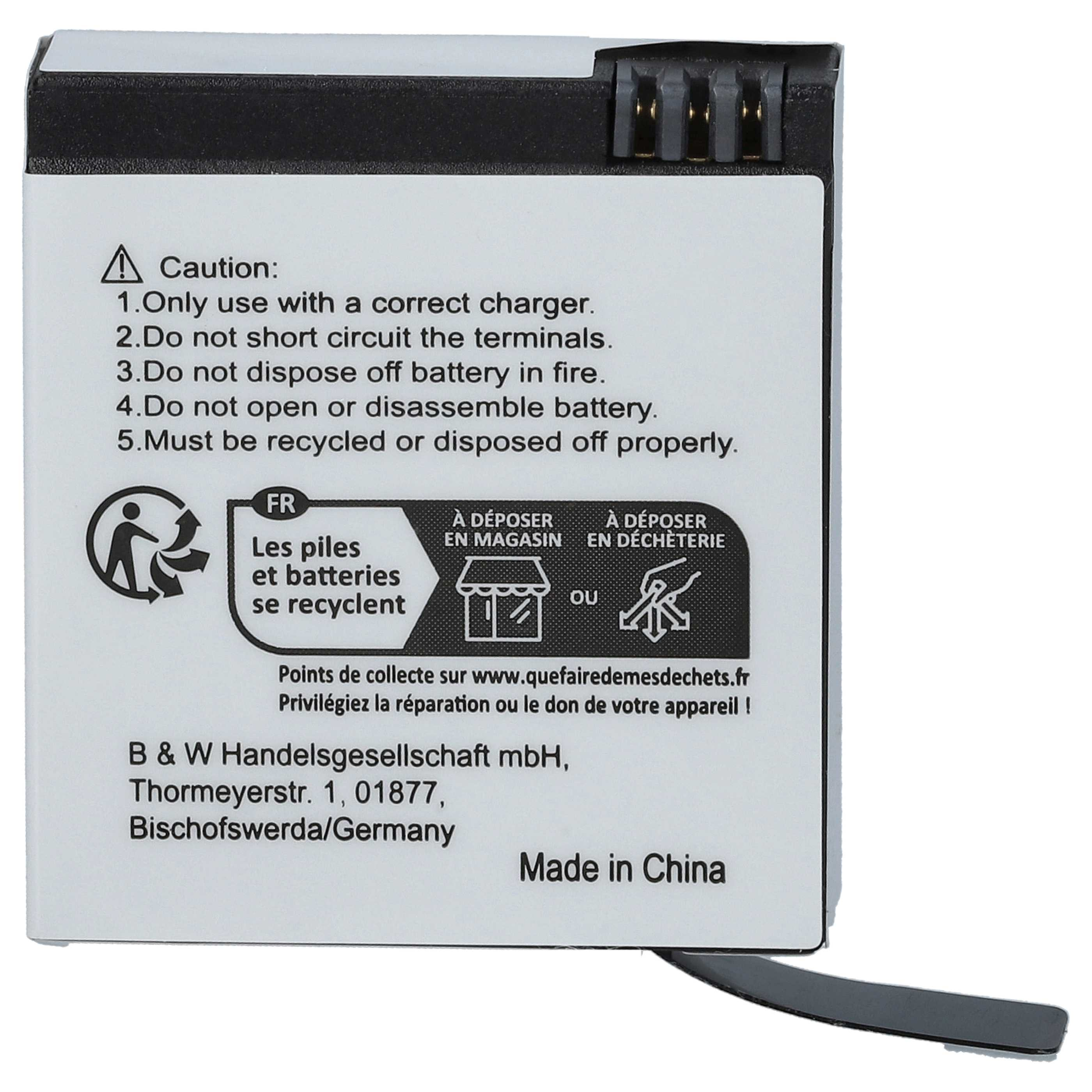 Ein weiß-schwarzes Batterieetikett mit Warnhinweisen und Recyclinganweisungen. Hergestellt in China.