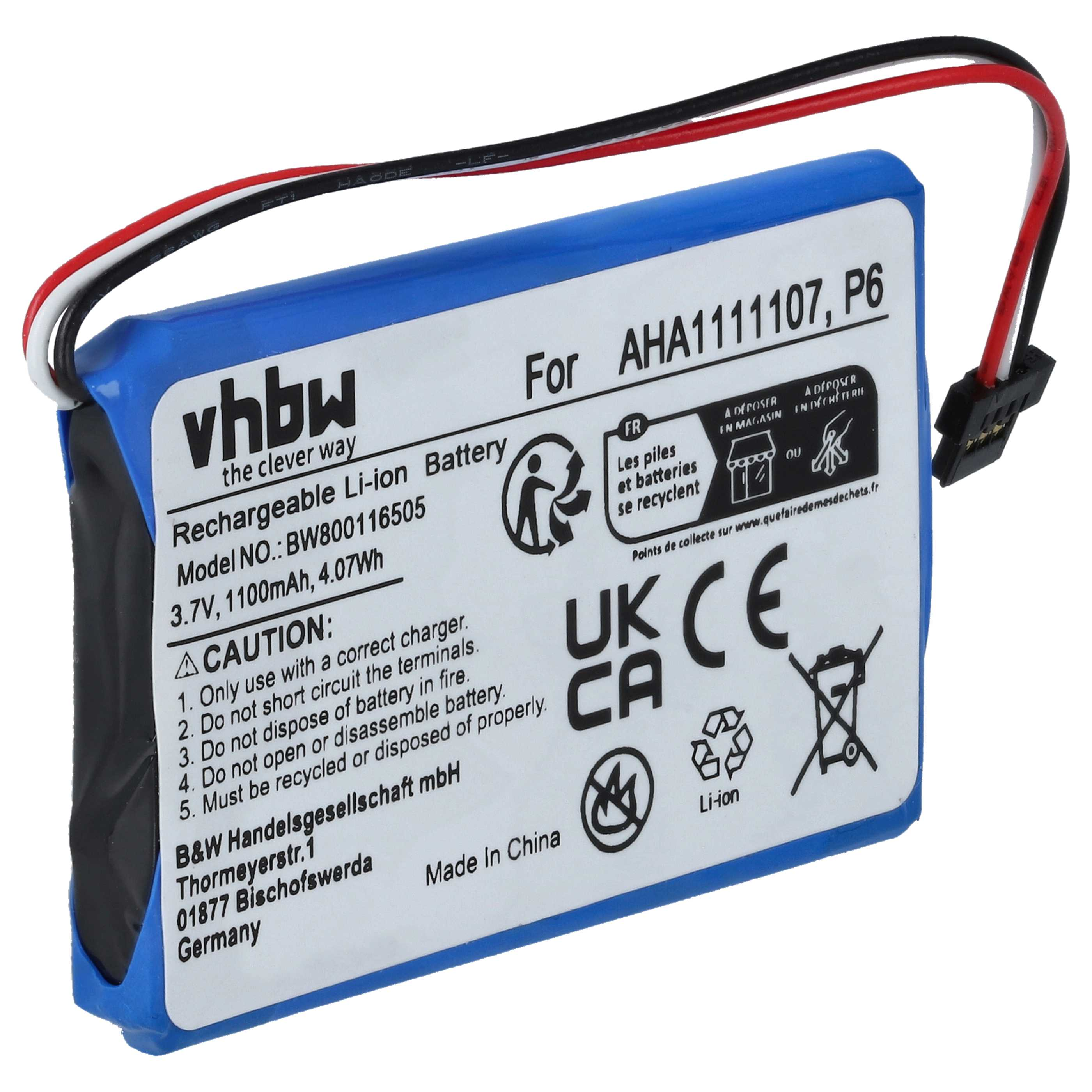 Blaue rechteckige wiederaufladbare Batterie mit Text und Warnhinweisen, mit roten und schwarzen Drähten.