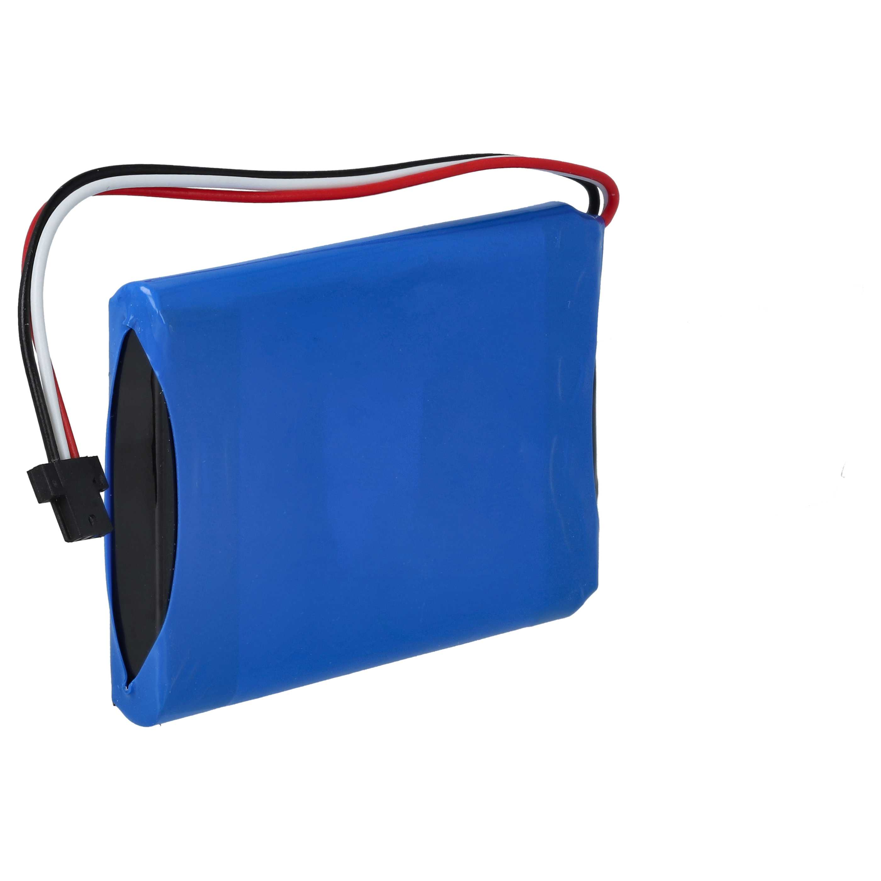 Blaue rechteckige Batterie mit drei Drähten (schwarz, rot, weiß) und einem schwarzen Stecker. Weißer Hintergrund.