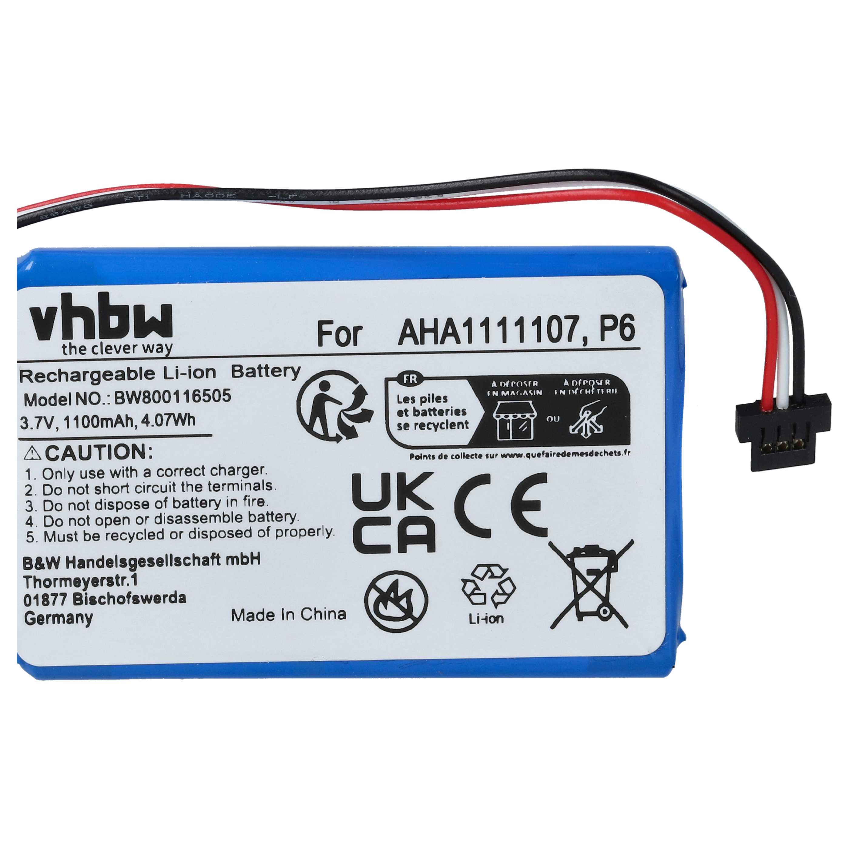 Ein blaues Akku-Pack mit Warnhinweisen, Anweisungen und einem Stecker.