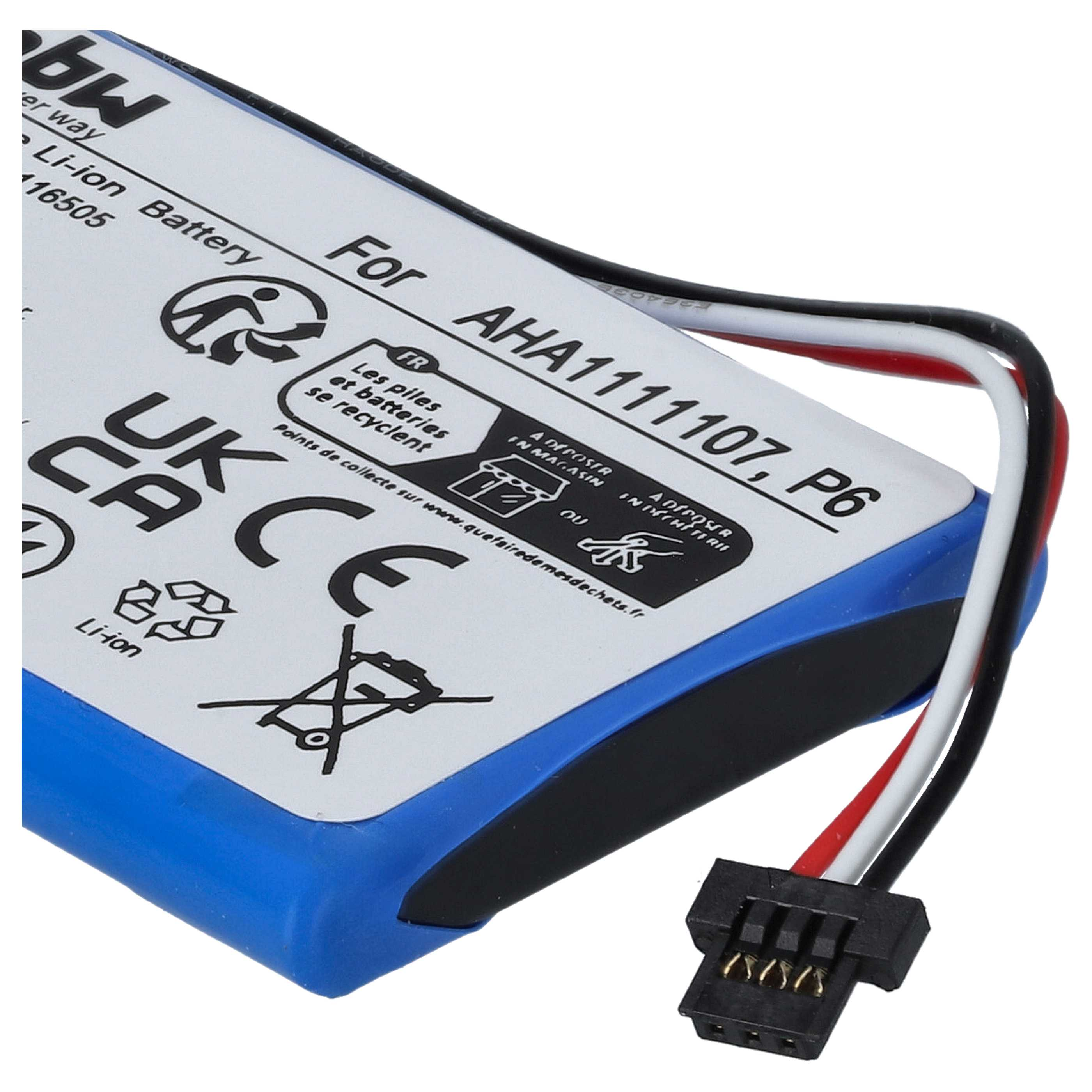 Eine kleine Batterie mit Anschlussdrähten und einem schwarzen Stecker. Die Batterie ist mit Text beschriftet.