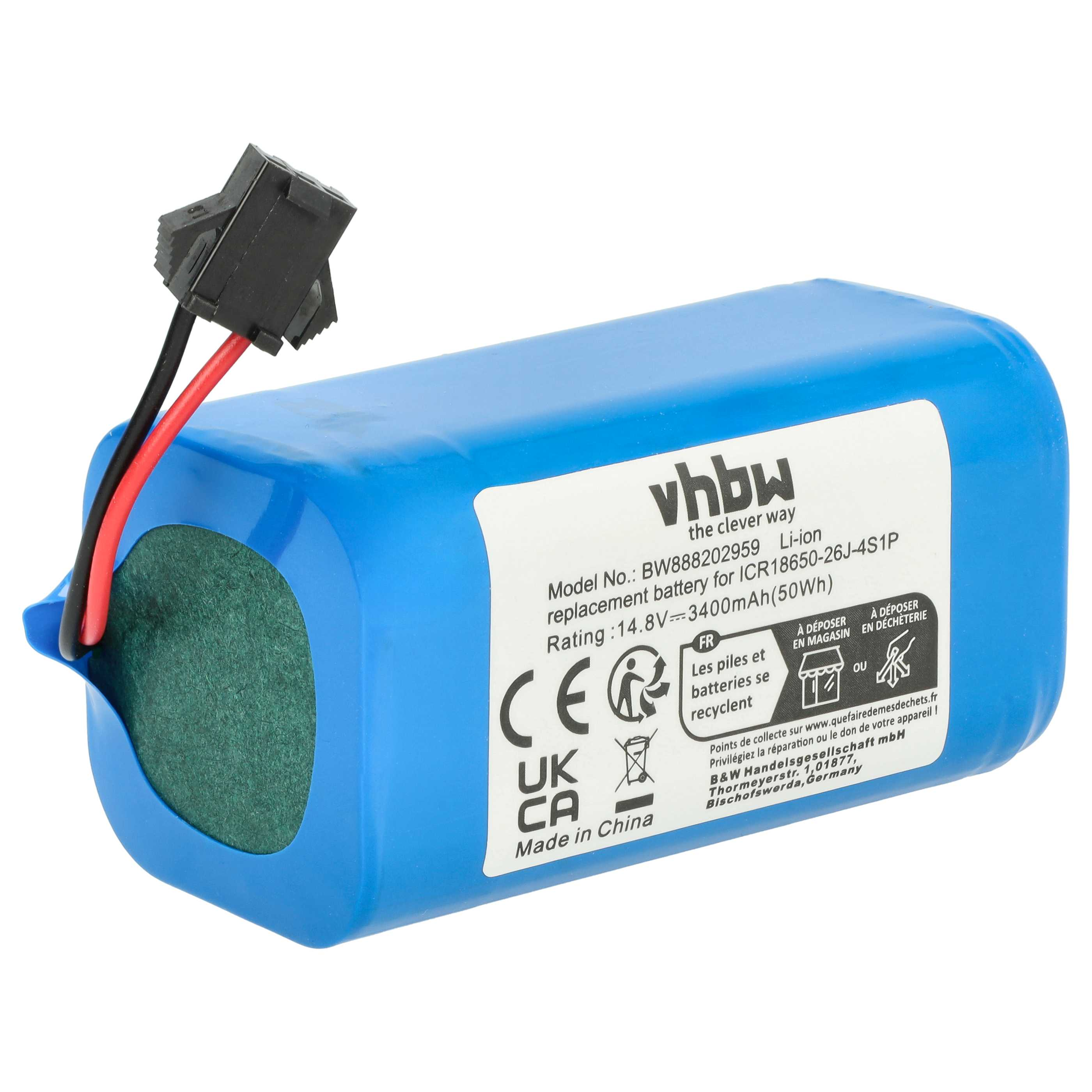 Blaue Lithium-Ionen-Batterie mit schwarzen und roten Drähten, die an einen Stecker angeschlossen sind. Das Etikett ist sichtbar.
