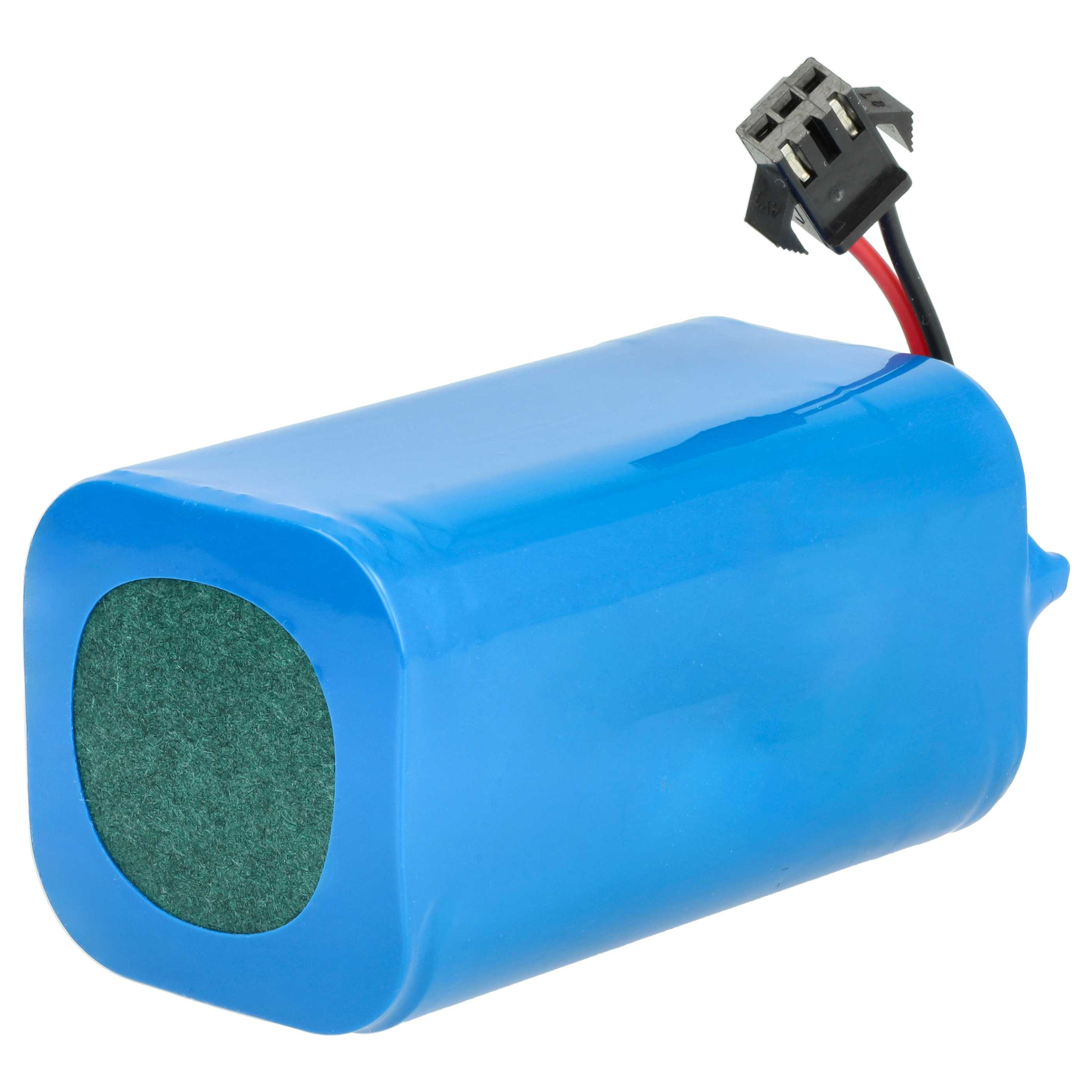 Blaue Batterie mit grüner runder Öffnung und schwarzem Stecker.