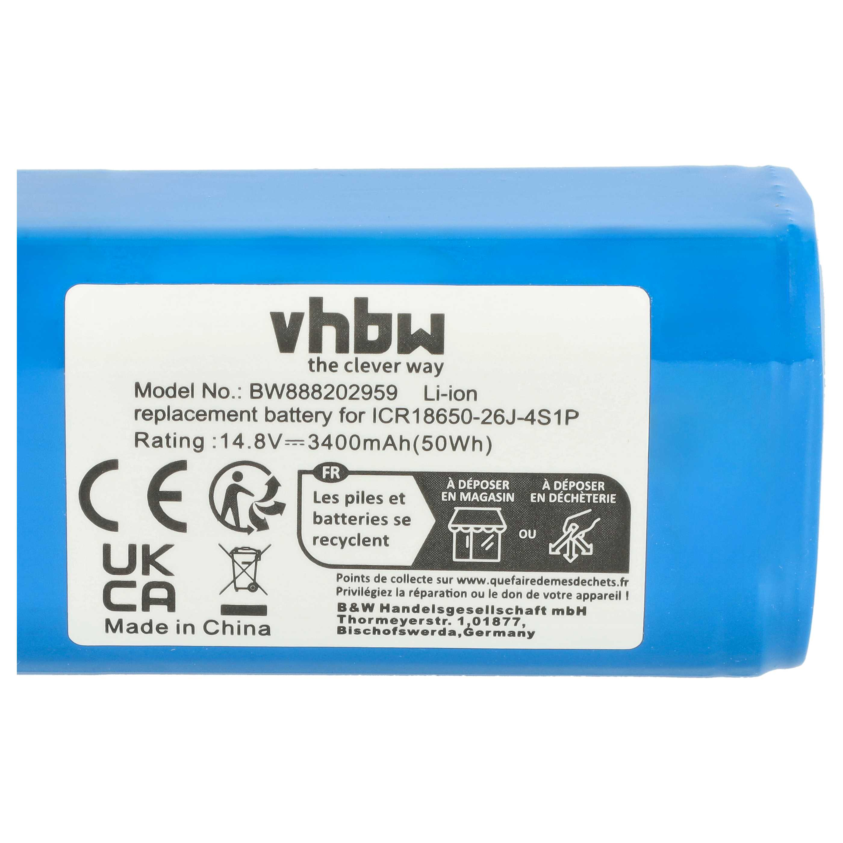 Blaues Akkupack mit Text auf Französisch. Text: vhbw, 14,8 V---3400 mAh (50 Wh). Weißer Hintergrund.