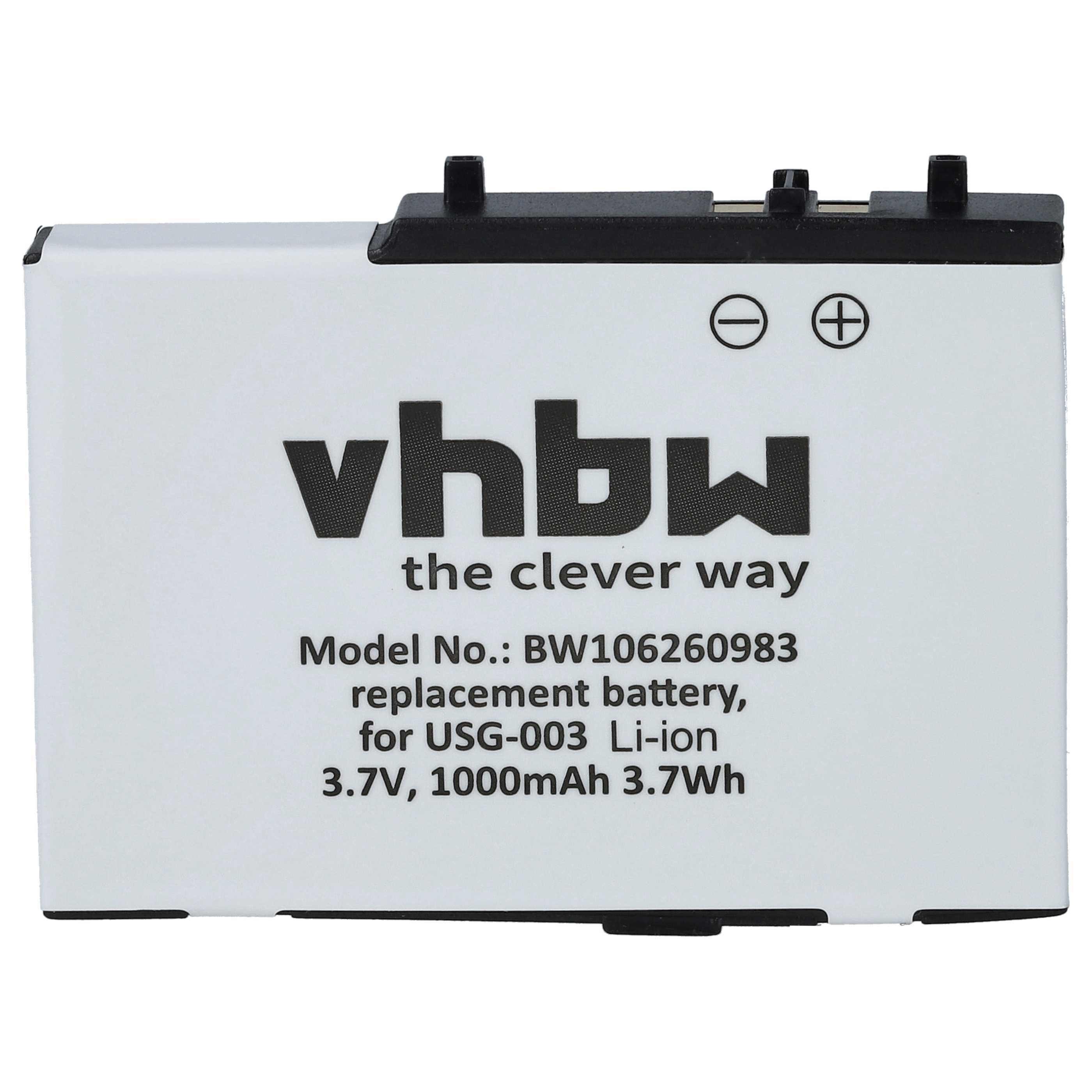 Weiße Batterie mit schwarzem Text: vhbw, the clever way. Schwarz-weißer Hintergrund. Modell-Nr. darauf.