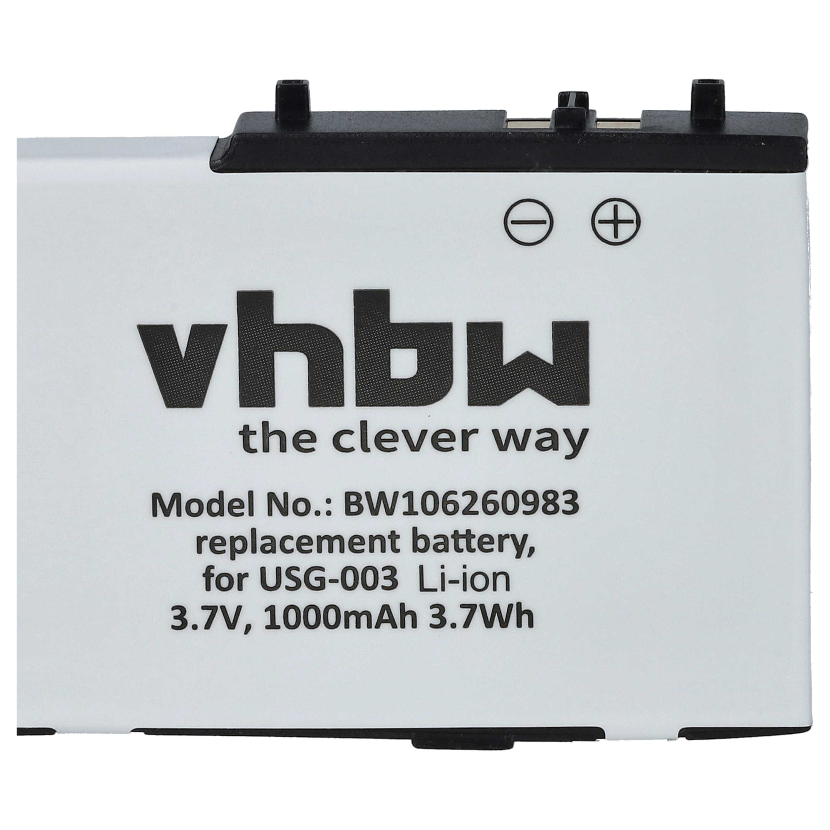 Eine weiße Batterie mit schwarzem Text. Sie sagt 'vbhw the clever way' und hat Modelldetails.