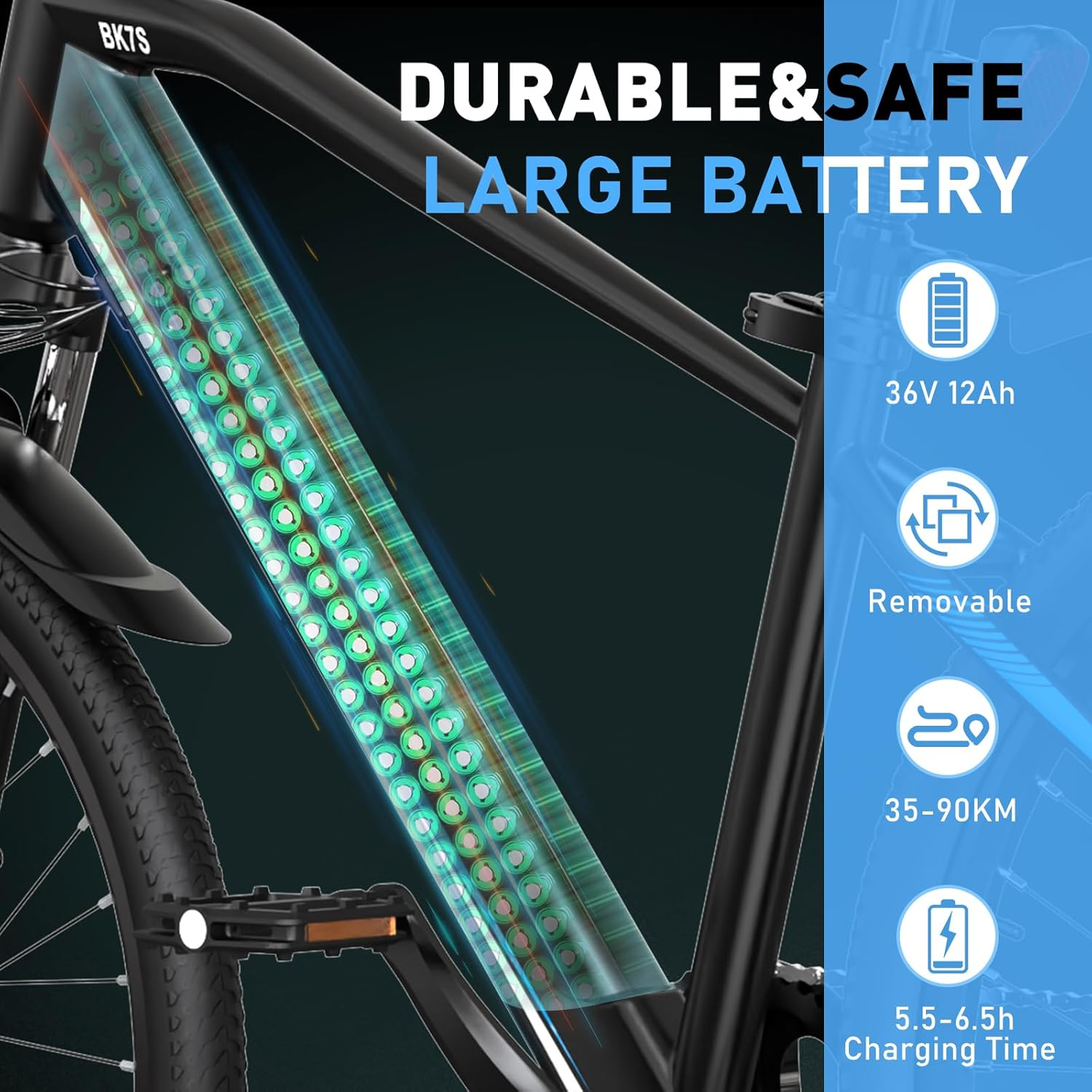 Akumulator roweru elektrycznego, duży i widoczny. Rower jest czarny, a bateria zielona.