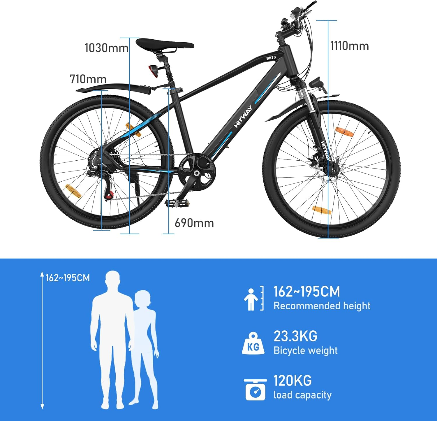 Czarny i czarny rower elektryczny z wymiarami i przewodnikiem po wysokości.