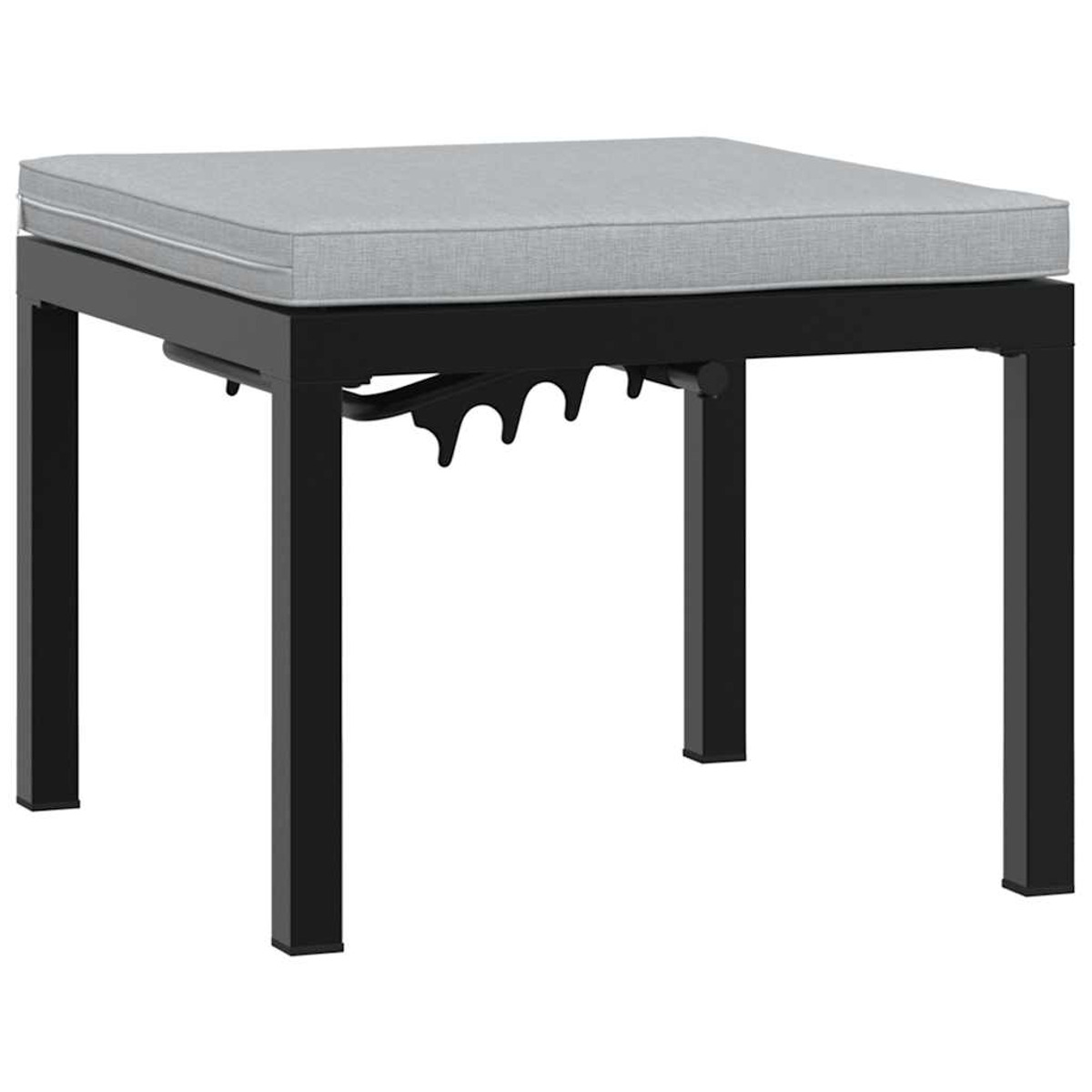 Tavolo quadrato nero da esterno con cuscino grigio.