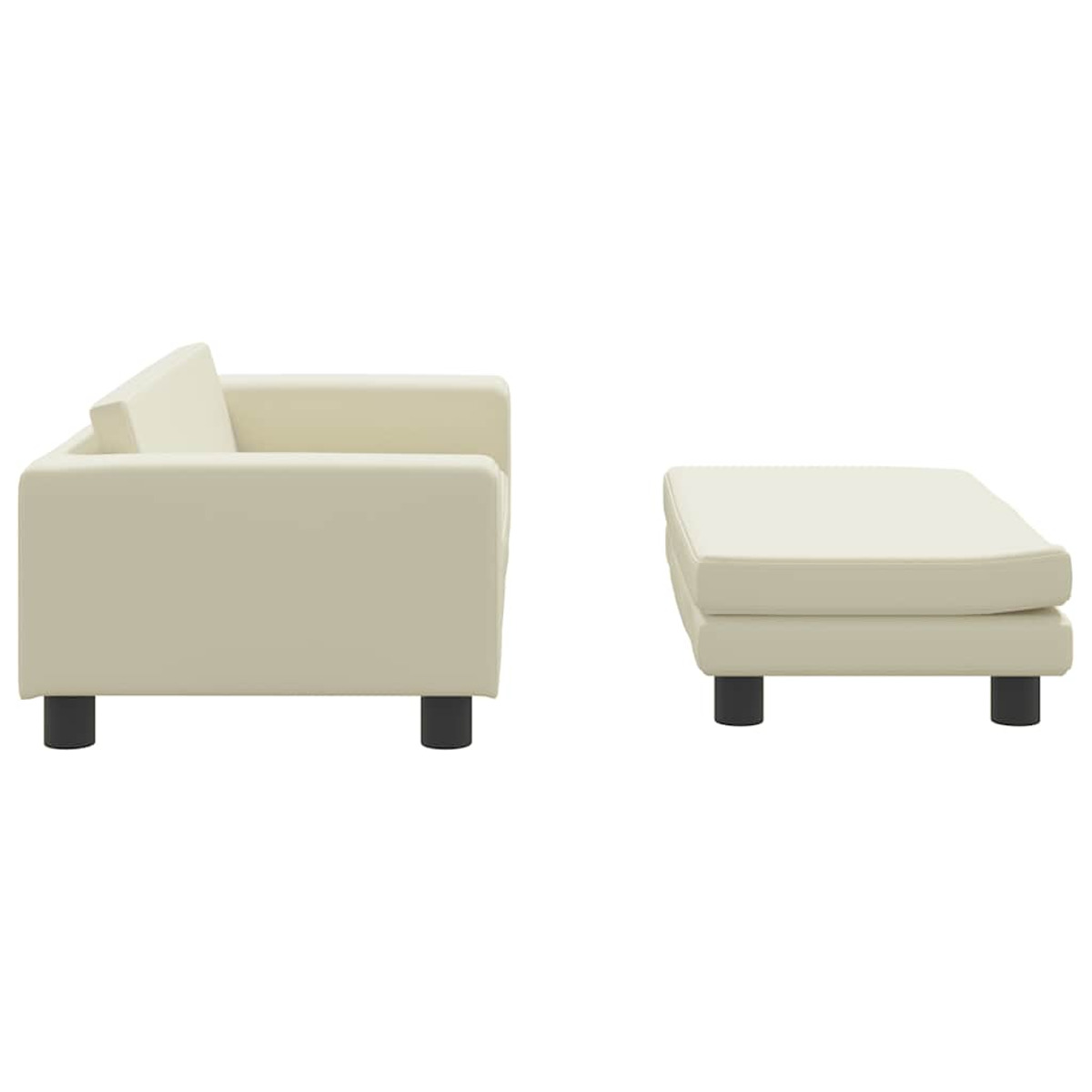 Cremefarbenes Sofa und Ottoman-Set. Das Sofa und der Ottoman haben schwarze Beine und ein schlichtes Design.