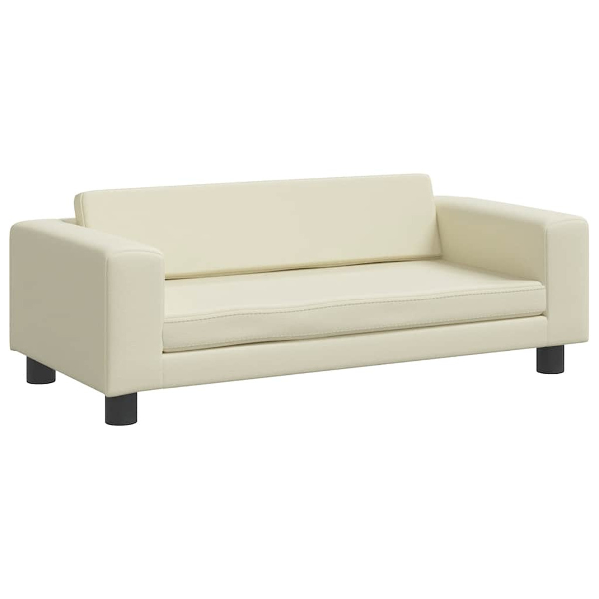 Cremefarbenes Sofa mit schwarzen Beinen. Hat eine Rückenlehne und ein Kissen.