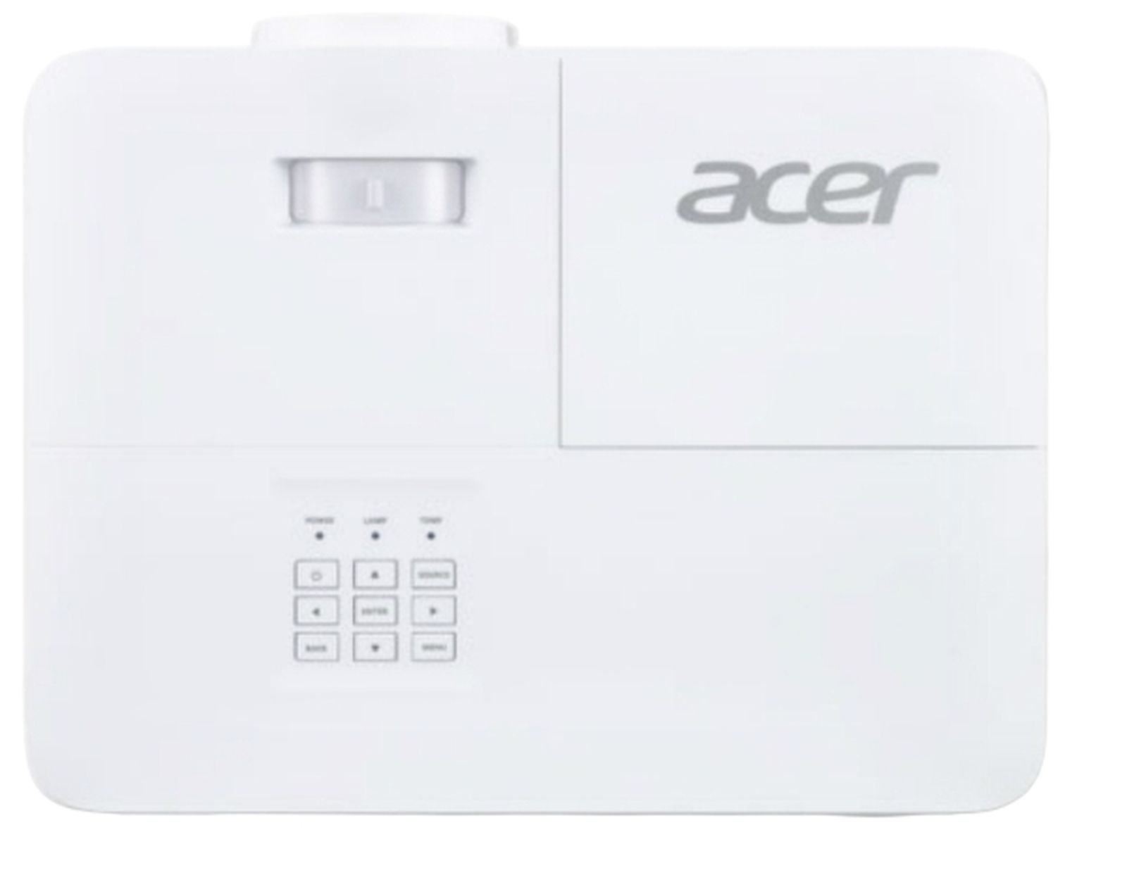Biały projektor Acer. Posiada przyciski zasilania, światła, temp, menu i źródła. Logo Acer na górze.
