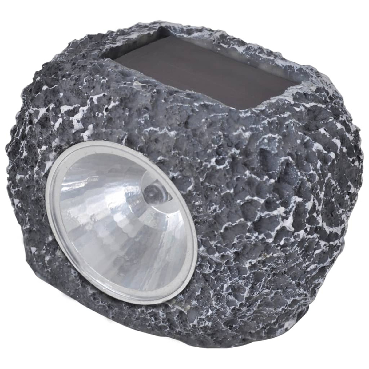 Solarbetriebene Felsenförmige Leuchte. Schwarzes Solarpanel oben und Licht vorne.