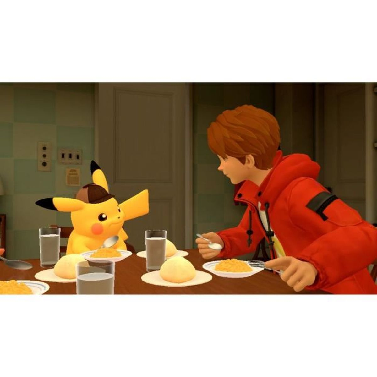 Pikachu con un cappello e una persona sono a tavola con cibo e bevande.